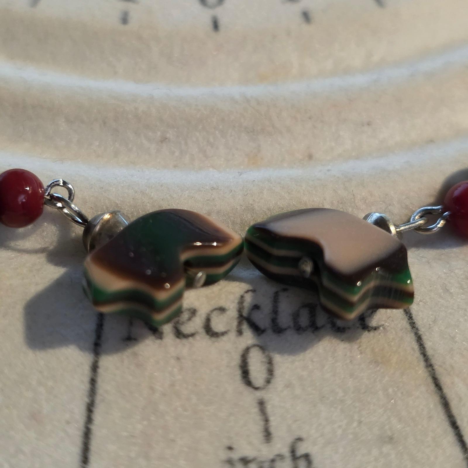 Bear Shell Red Green Beaded Drop Dangle Earrings Silver Tone 2"