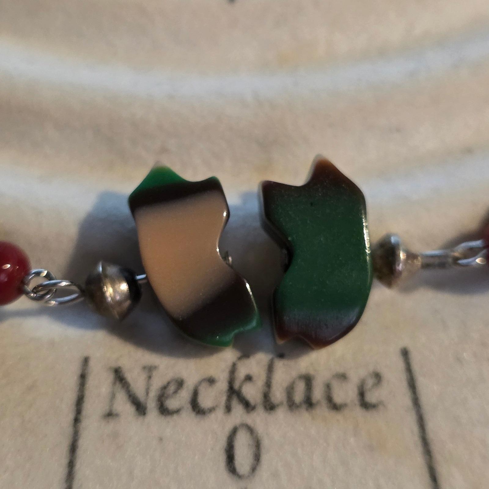 Bear Shell Red Green Beaded Drop Dangle Earrings Silver Tone 2" - View 3