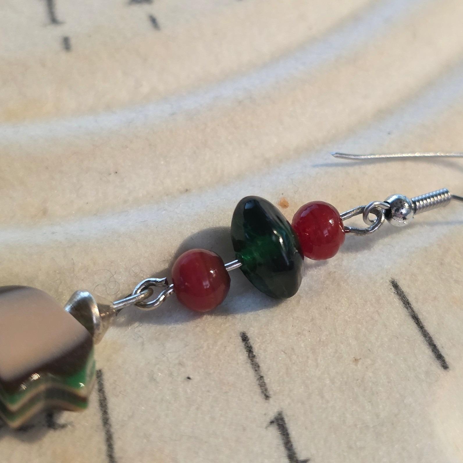Bear Shell Red Green Beaded Drop Dangle Earrings Silver Tone 2" - View 4