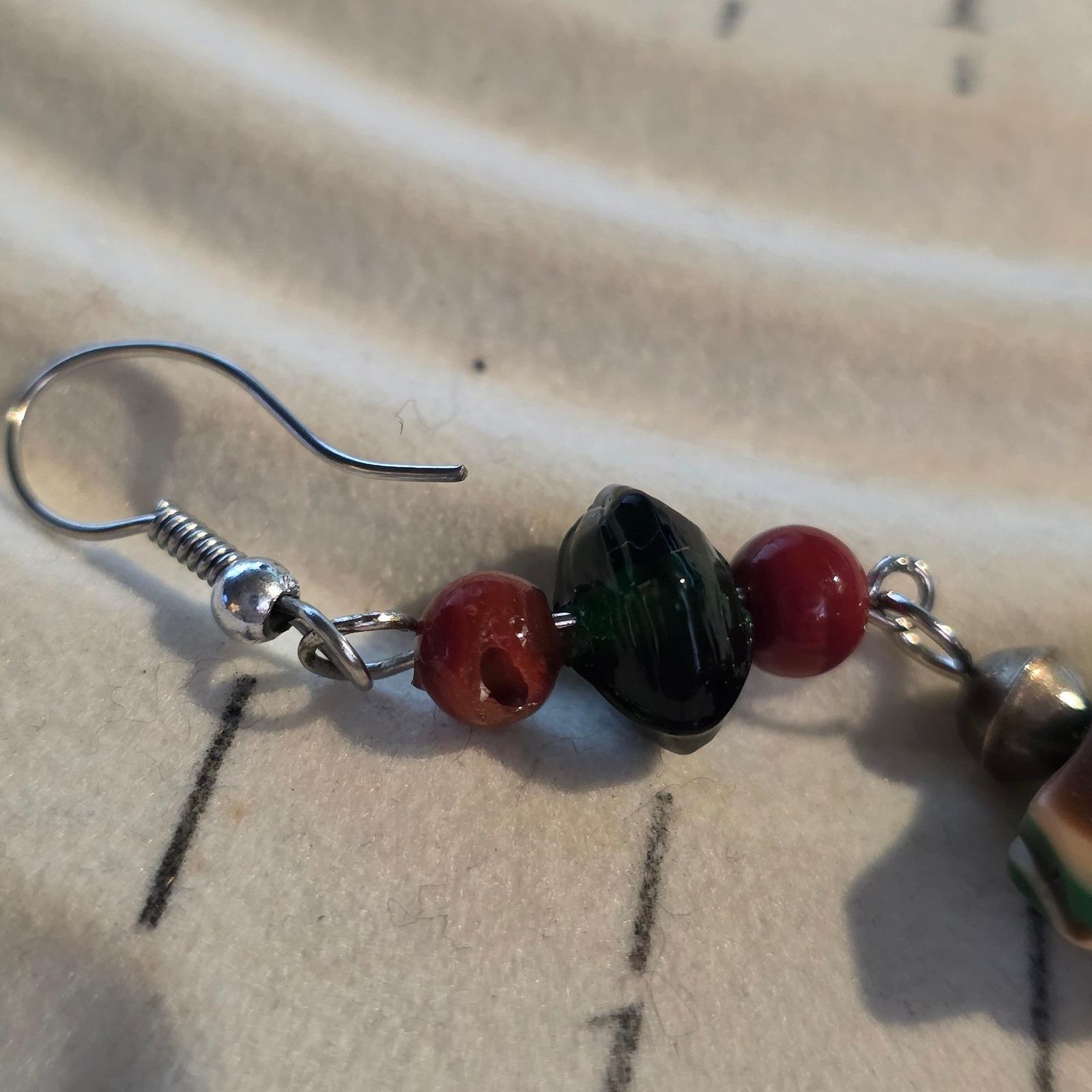 Bear Shell Red Green Beaded Drop Dangle Earrings Silver Tone 2" - View 5