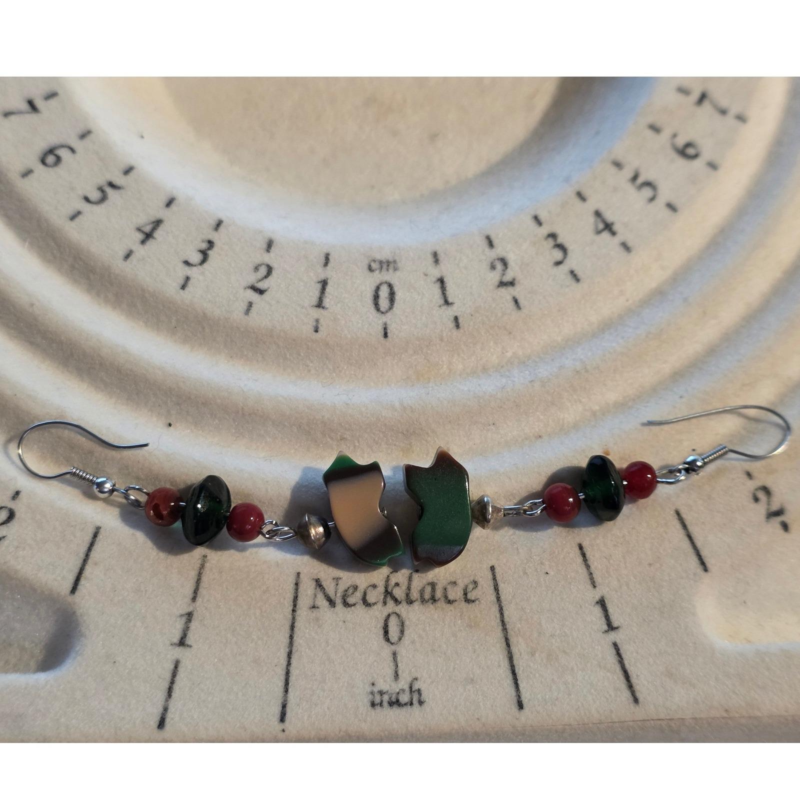 Bear Shell Red Green Beaded Drop Dangle Earrings Silver Tone 2" - View 6