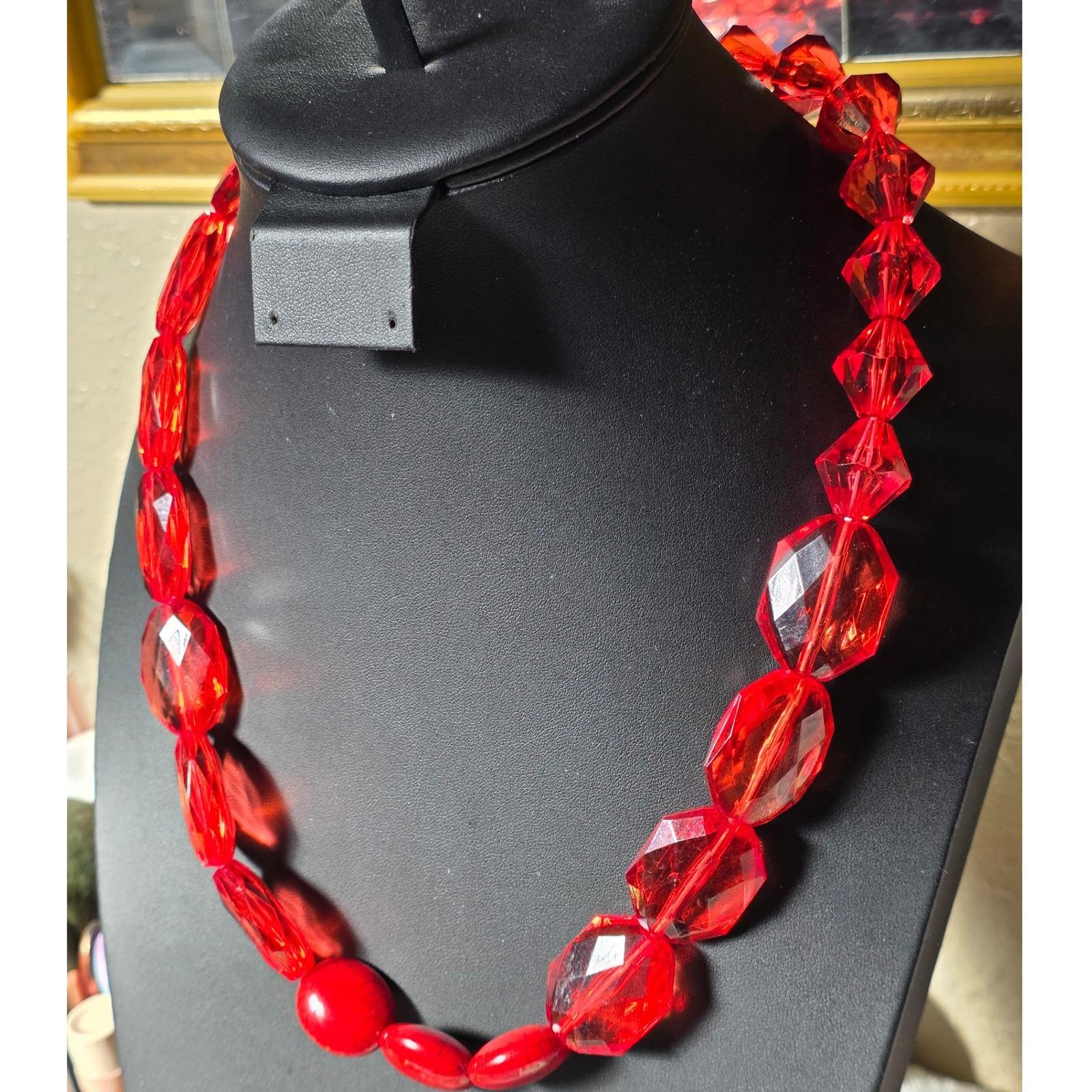 Red Plastic Beaded Stretch Statement Necklace