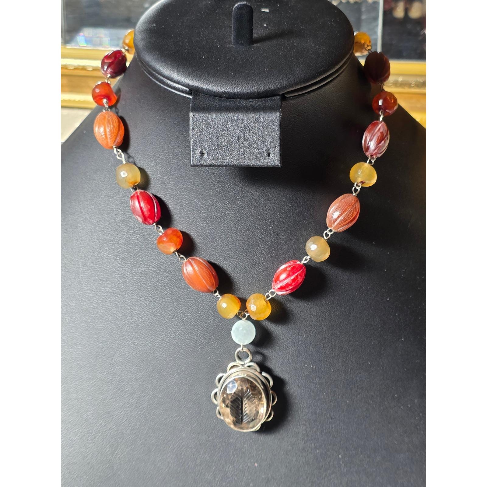 Smoky Quartz Intaglio Pendant Beaded Necklace Toggle Clasp