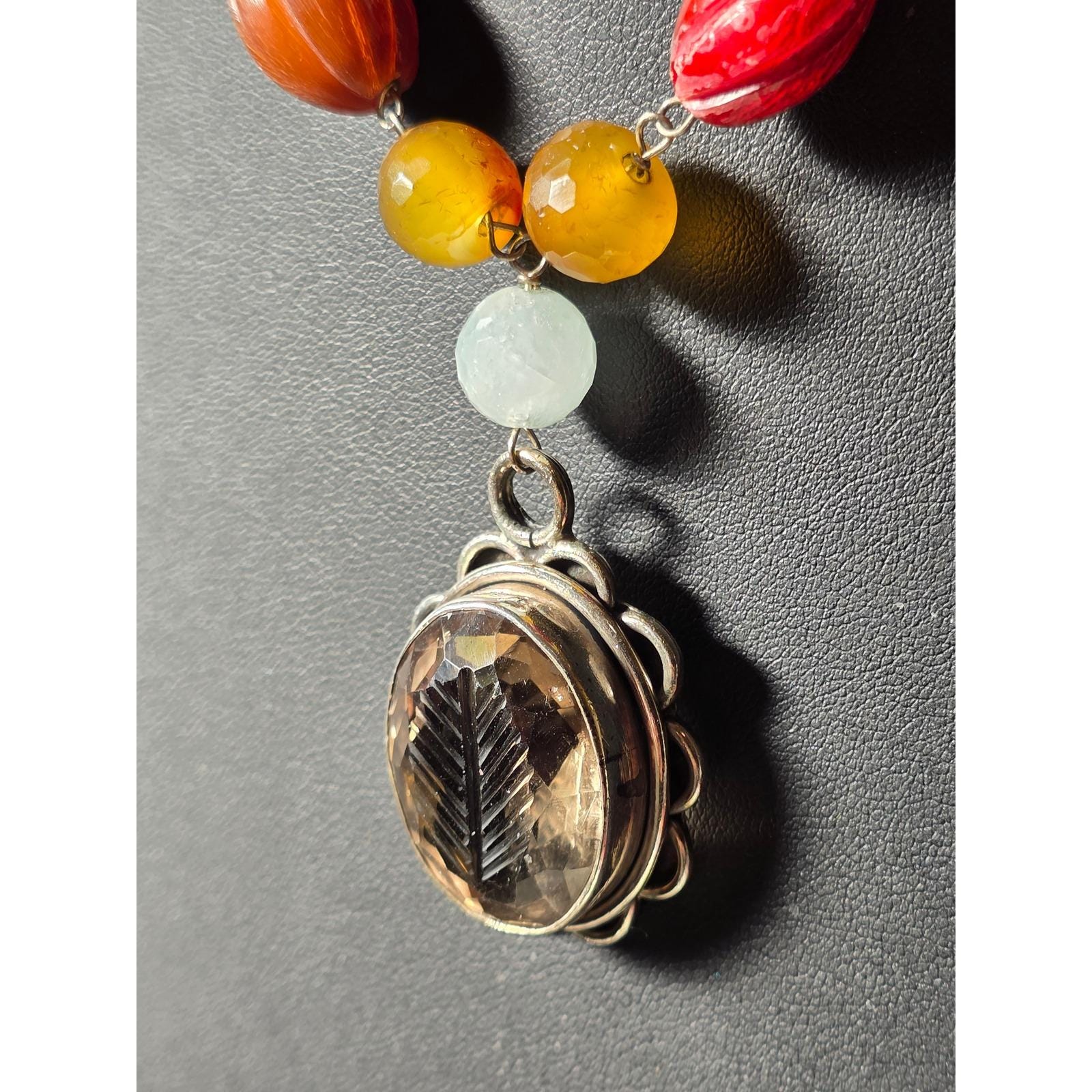 Smoky Quartz Intaglio Pendant Beaded Necklace Toggle Clasp - View 6