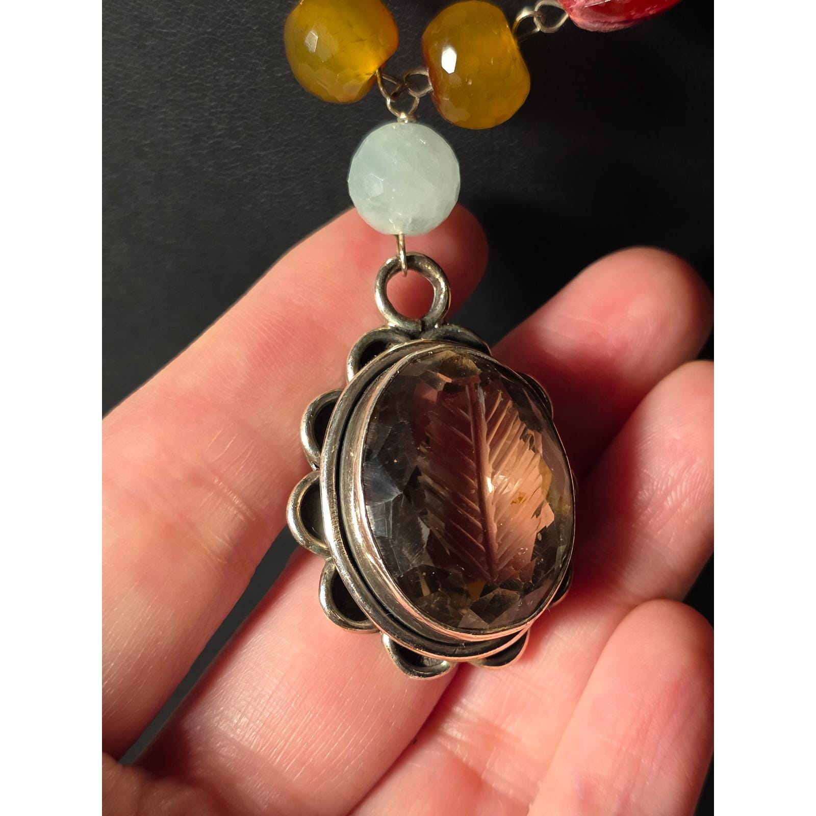 Smoky Quartz Intaglio Pendant Beaded Necklace Toggle Clasp - View 7