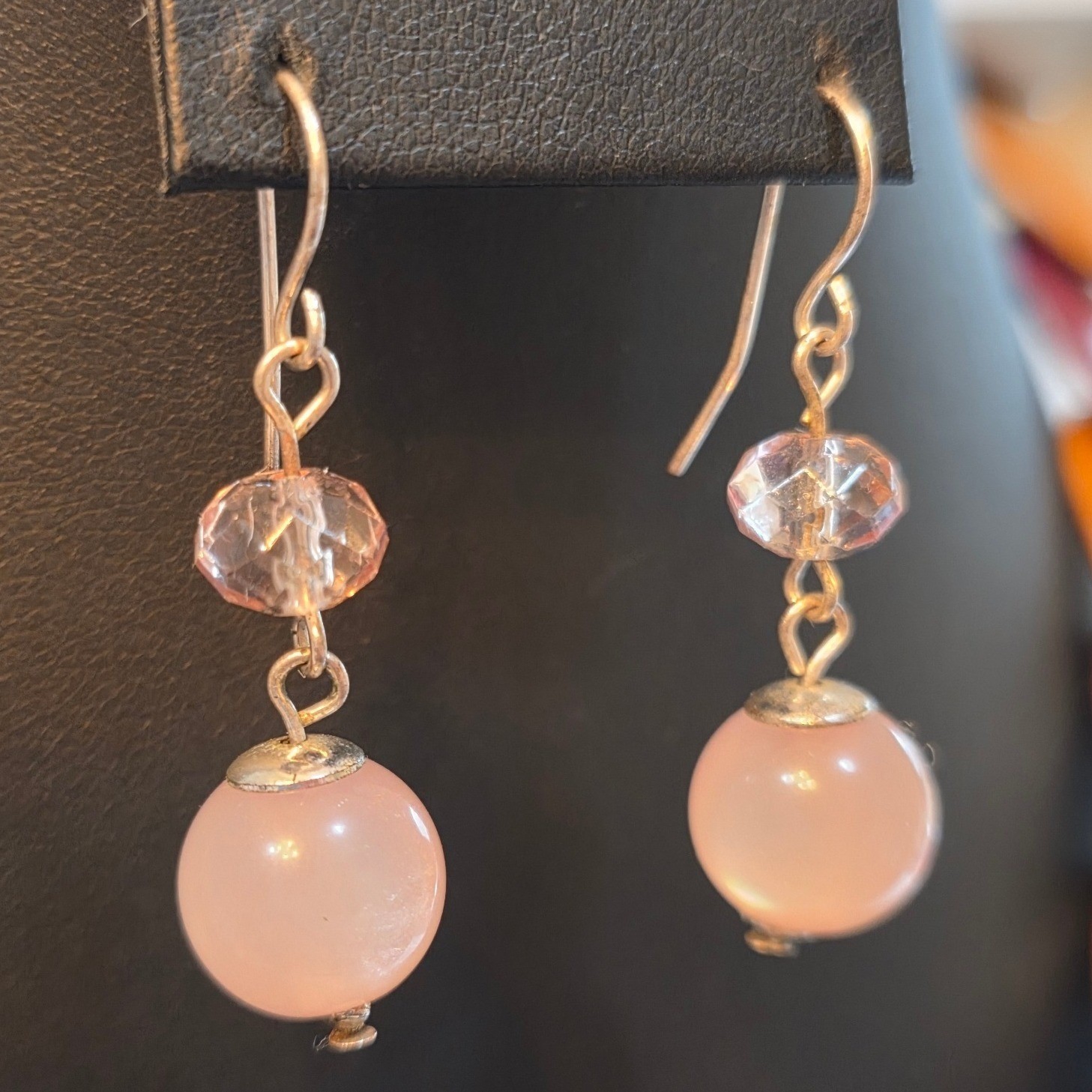 Pink Moonglow Beaded Dangle Earrings Silver Tone Vintage Style Boho - View 4