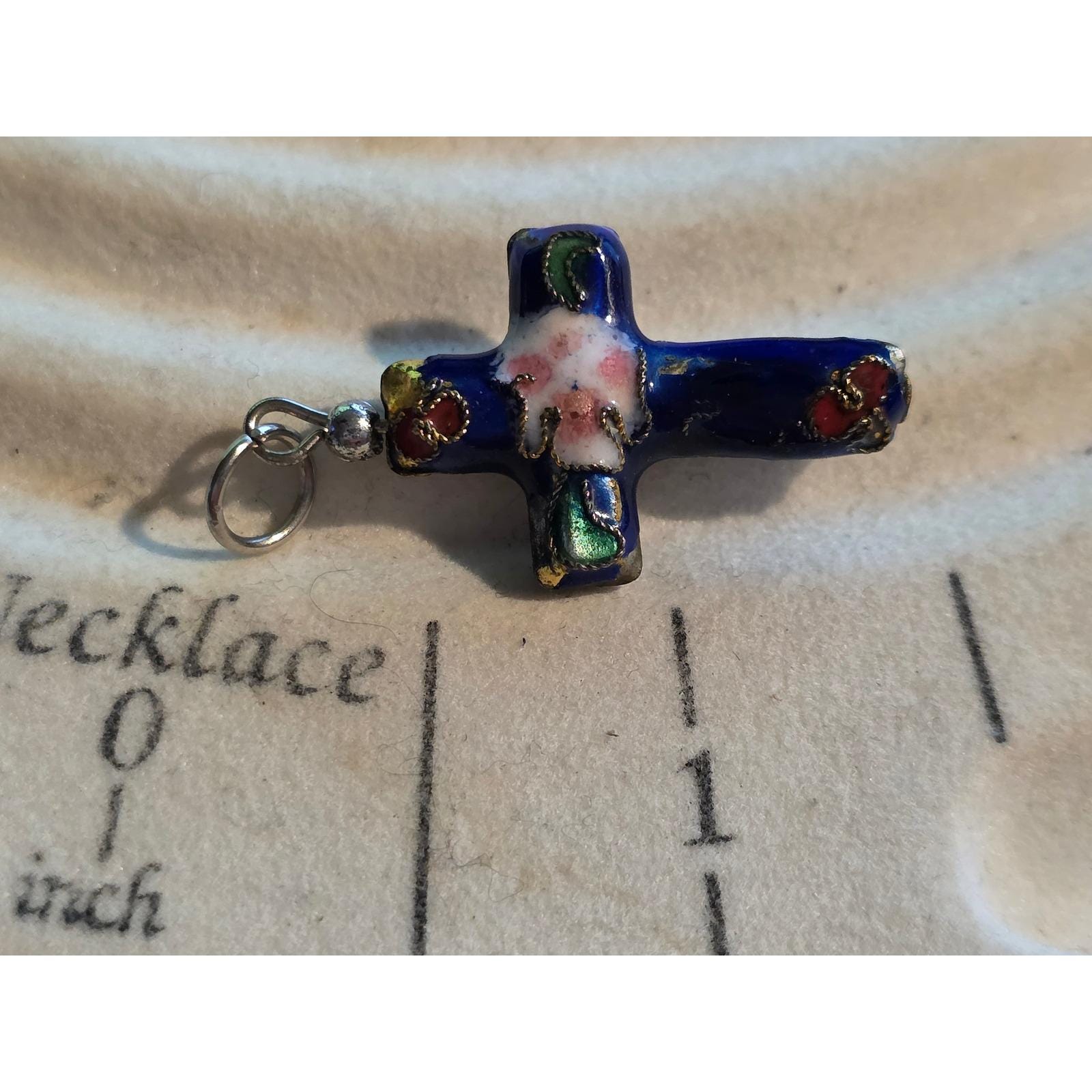 Vintage Cloisonne Floral Enamel Cross Pendant 1.5"