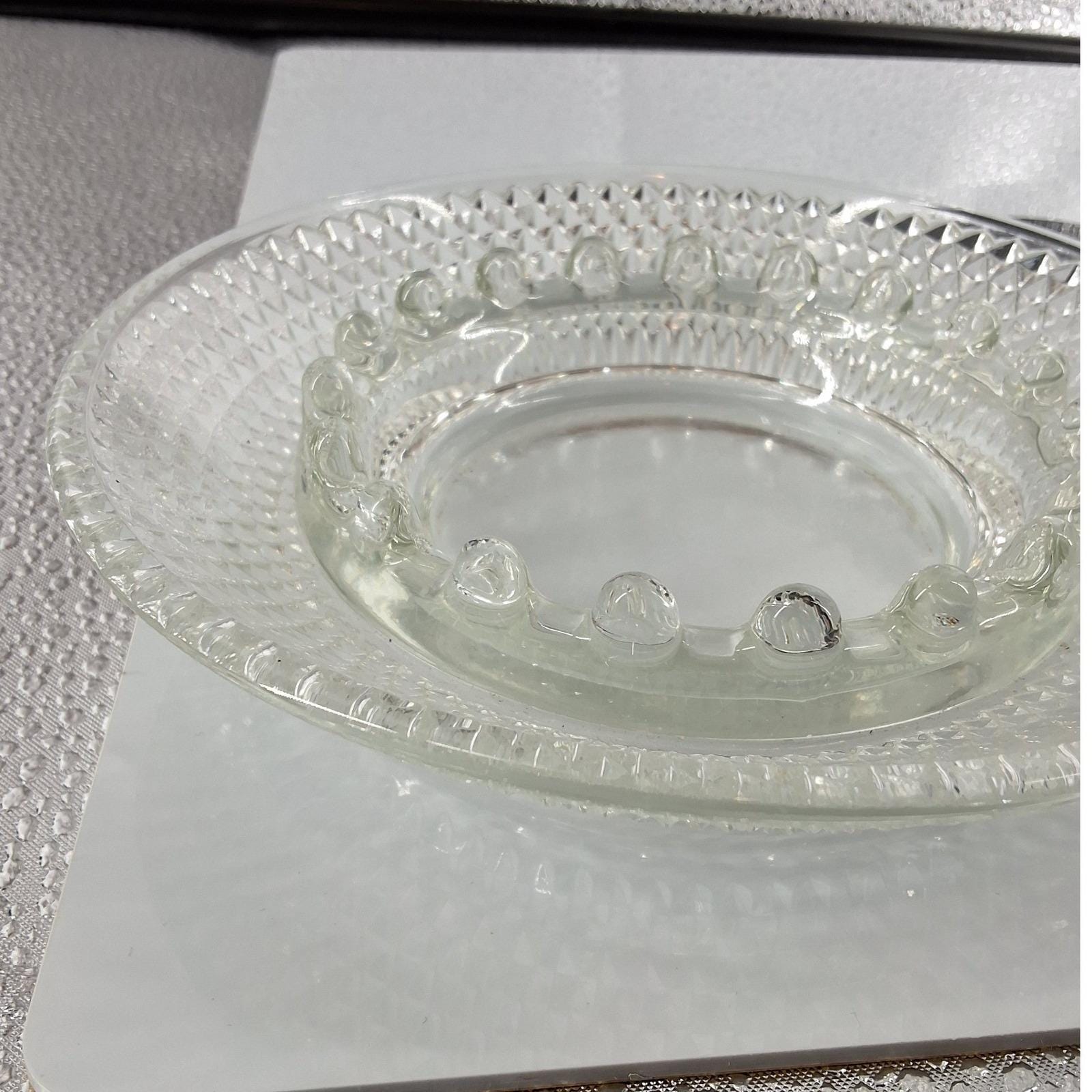 Vintage Clear Pressed Glass Ashtray Diamond Point Textured Rim 6.5 Inch Round - View 4