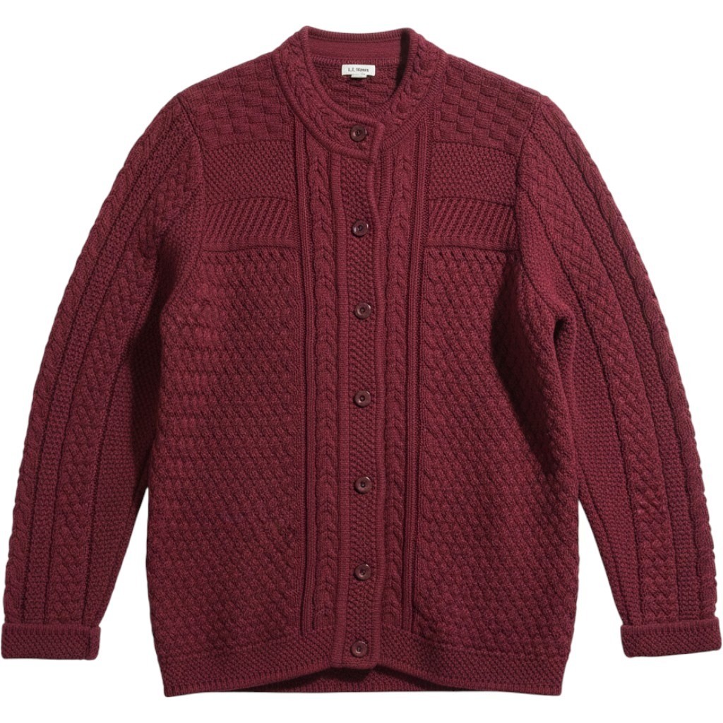 LL Bean Womens Burgundy Red Cotton Cable Mixed Knit Cardigan Sweater L