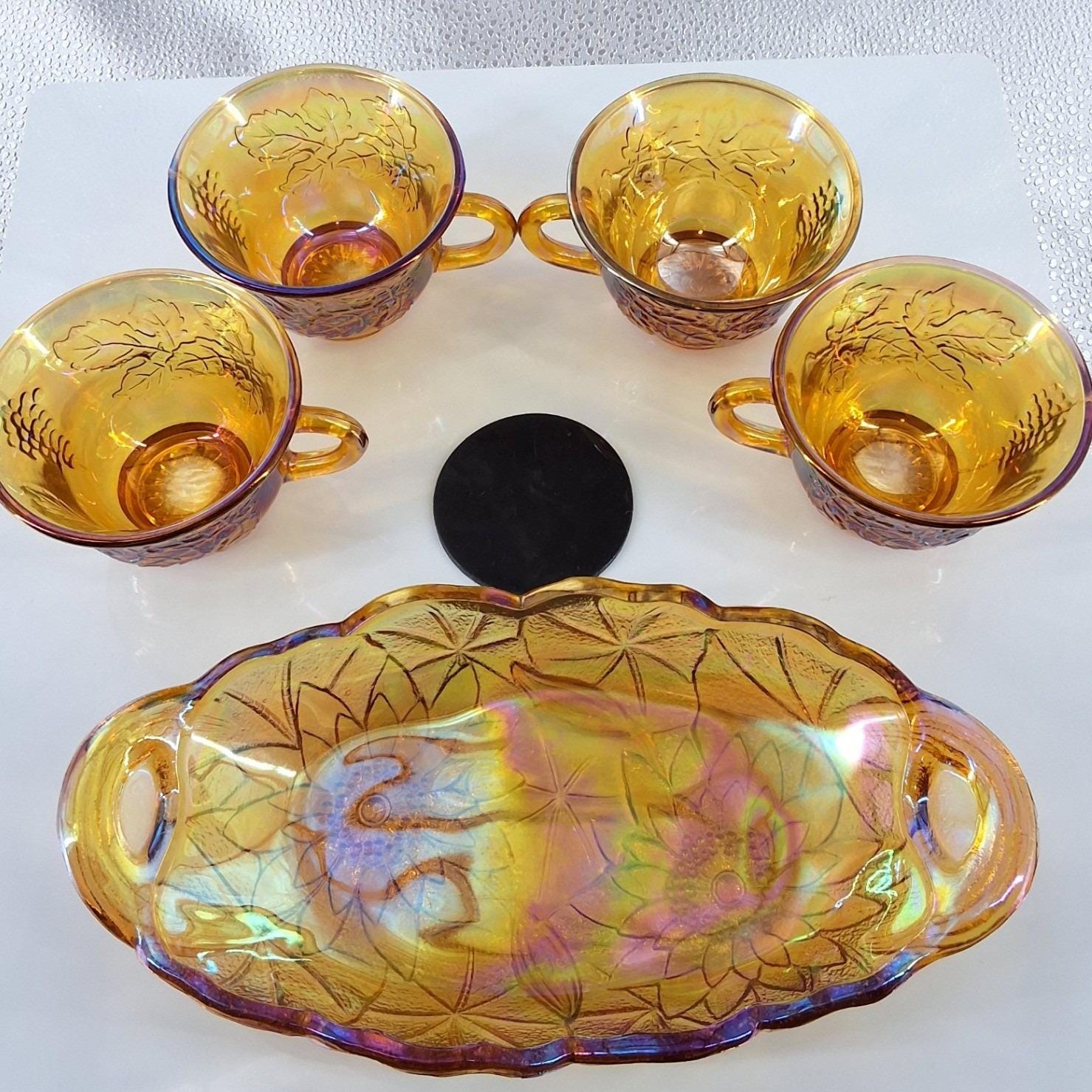 Vtg Indiana Glass Marigold Carnival Glass Harvest Grape Oval Bowl & 4 Cups Set