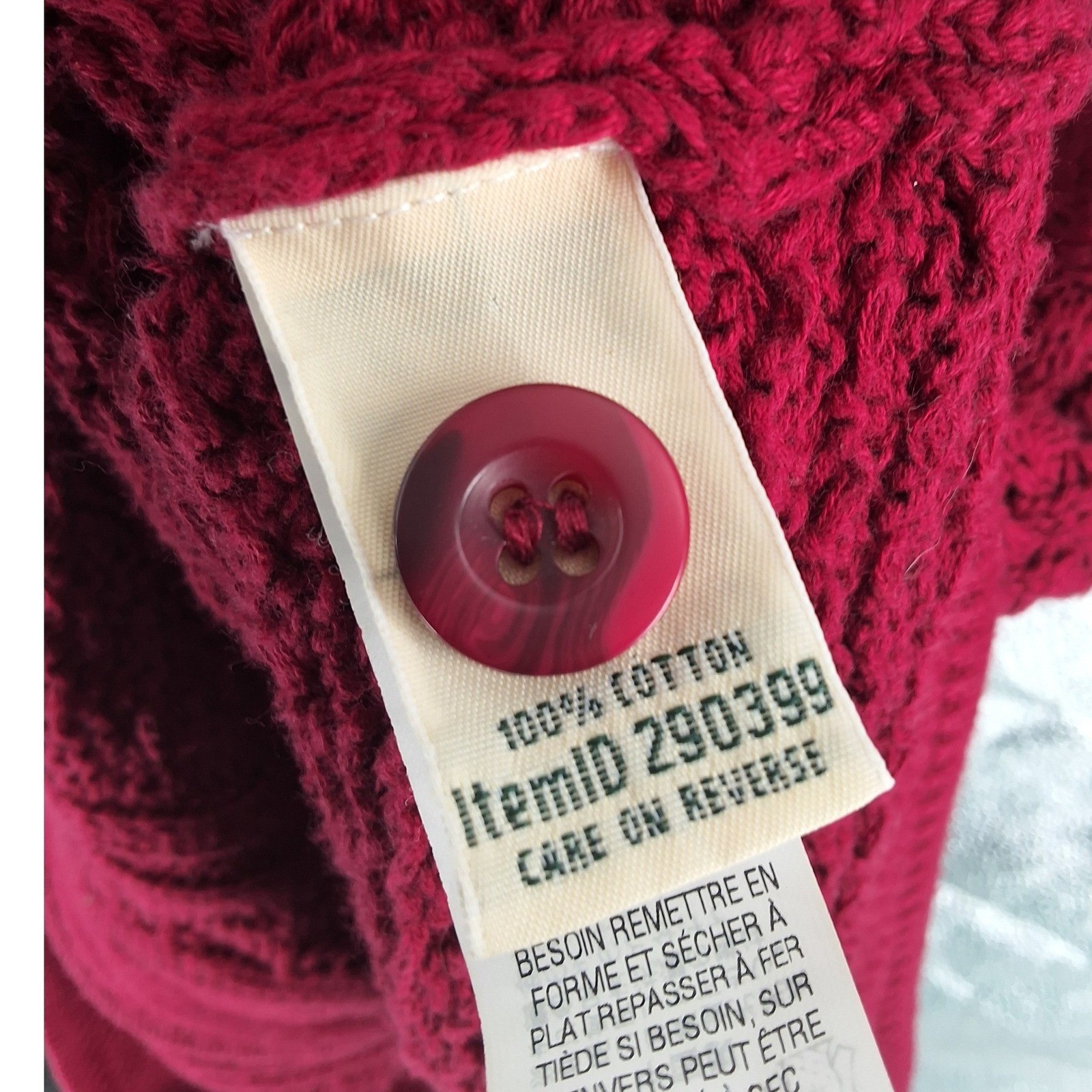 LL Bean Womens Burgundy Red Cotton Cable Mixed Knit Cardigan Sweater L - View 5