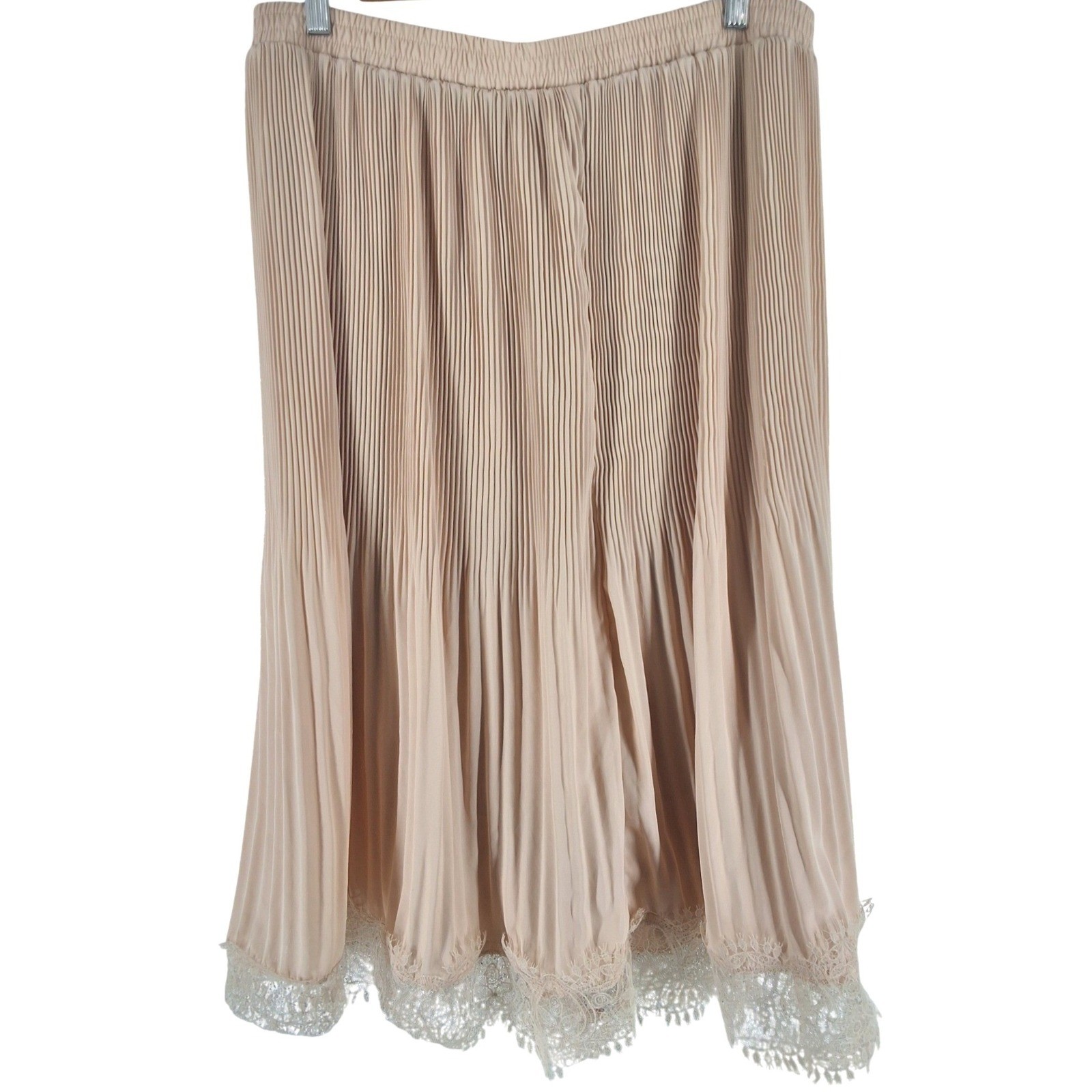 Blush Pink Pleated Midi Skirt Lace Trim Accordion Lined M - View 4