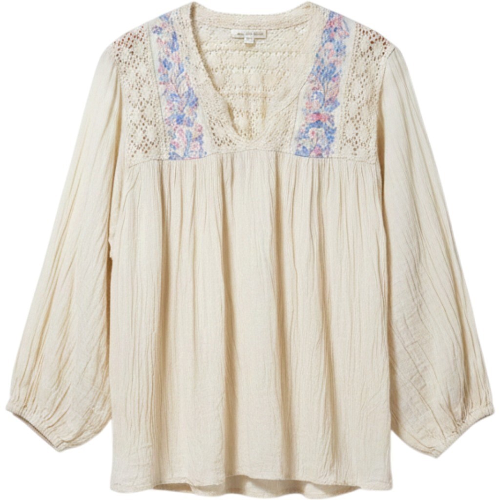 Boho Cream Gauze Peasant Blouse Floral Embroidery Crochet Lace Balloon Sleeve