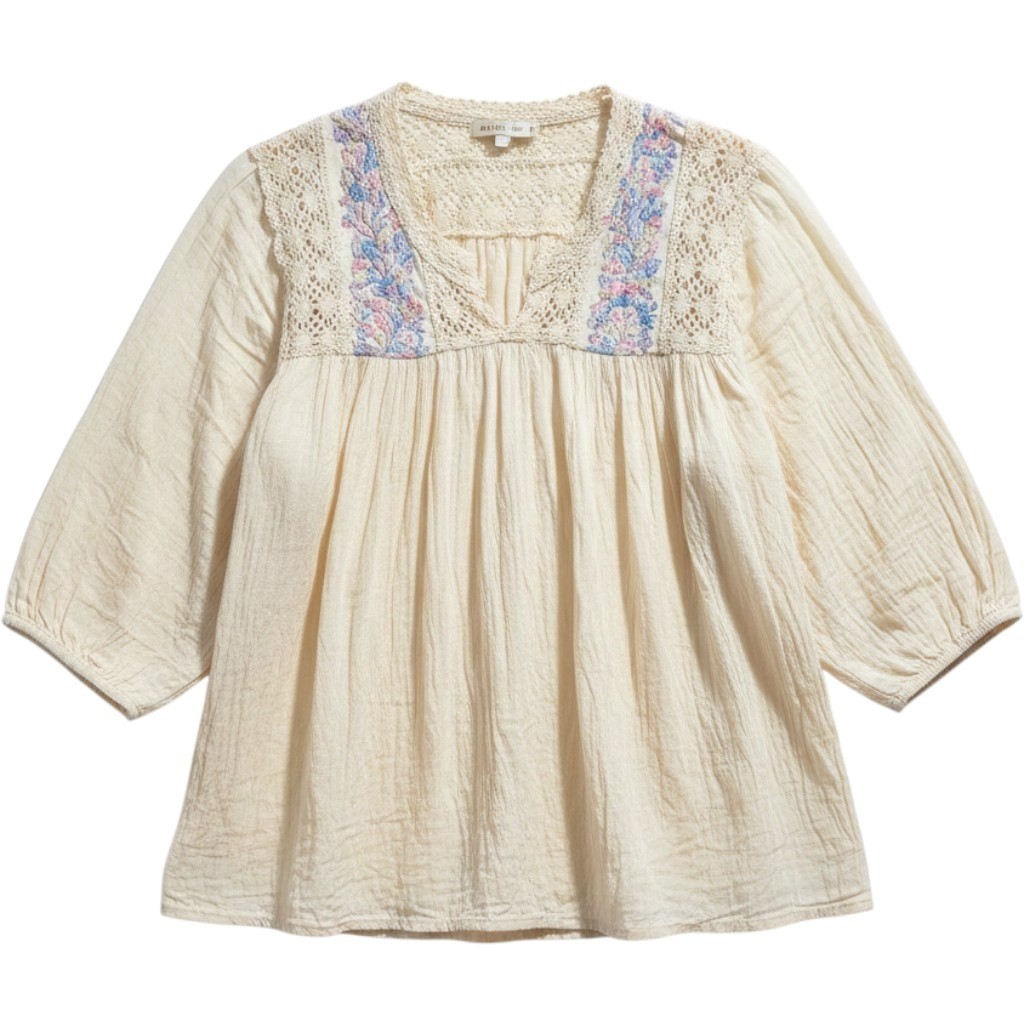 Boho Cream Gauze Peasant Blouse Floral Embroidery Crochet Lace Balloon Sleeve - View 4