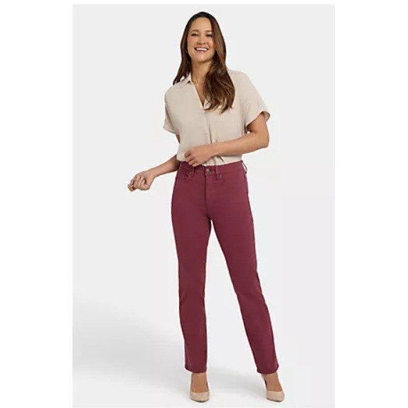 NYDJ Marilyn Straight Leg Pants Burgundy Red High Rise Stretch Sateen Womens 10