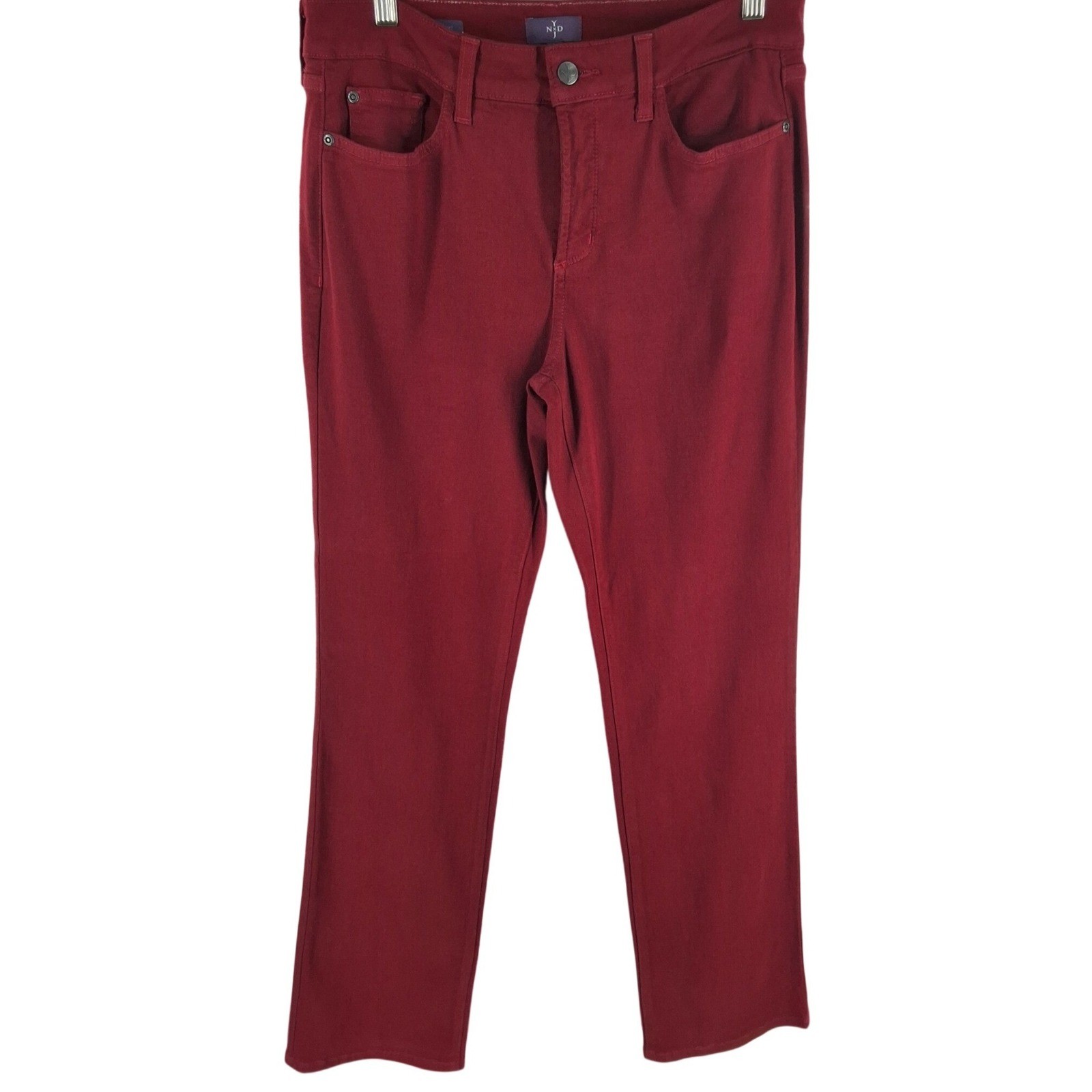 NYDJ Marilyn Straight Leg Pants Burgundy Red High Rise Stretch Sateen Womens 10