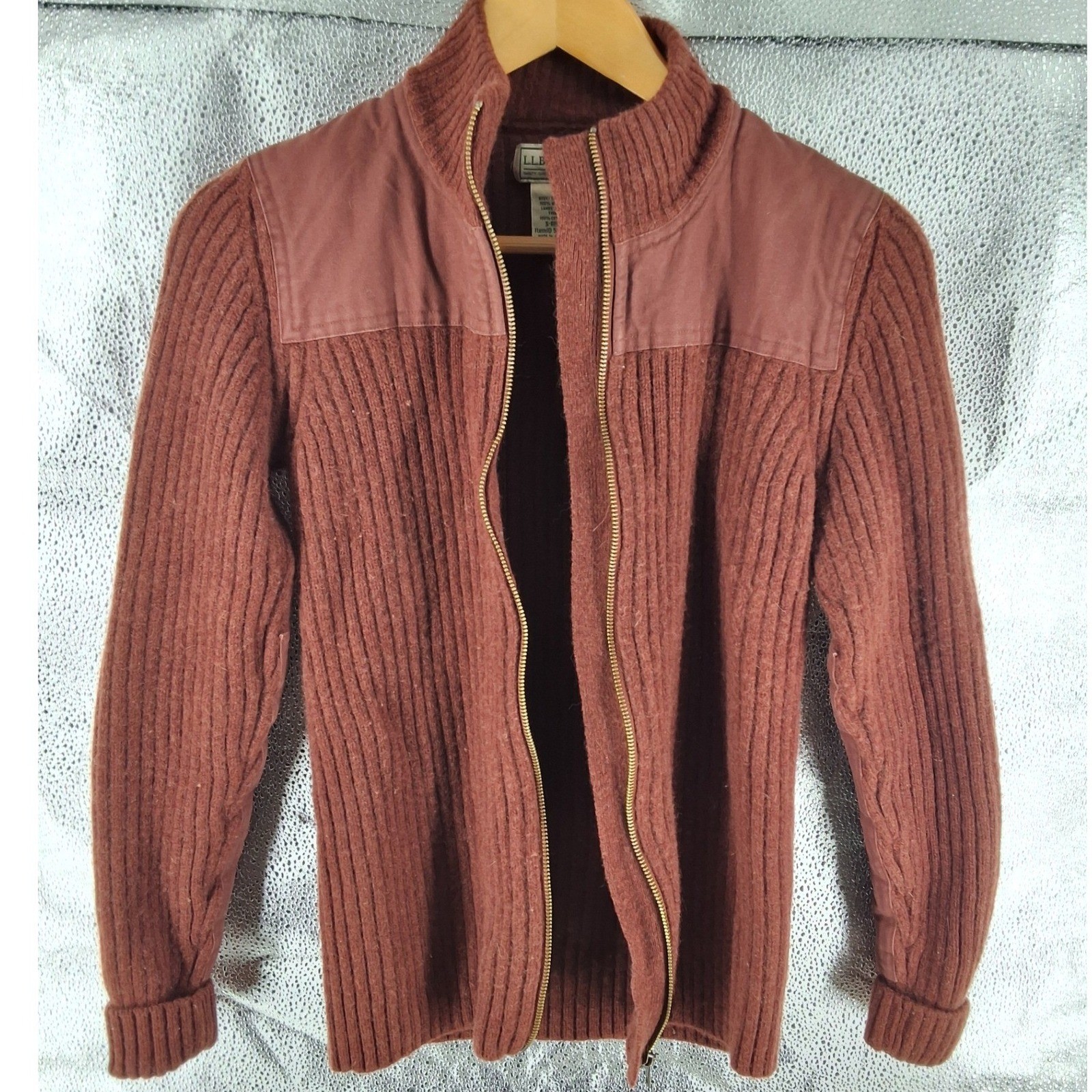 LL Bean Mens Commando Merino Wool Full Zip Ribbed Sweater Elbow Patch Brown S - View 4