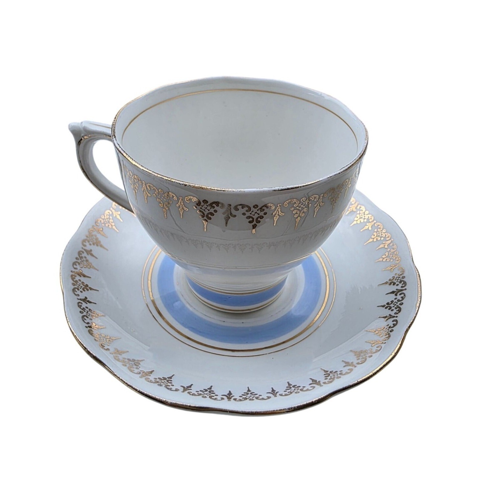 Vintage Roslyn Fine Bone China Tea Cup Saucer Set Blue Gold Gilt England