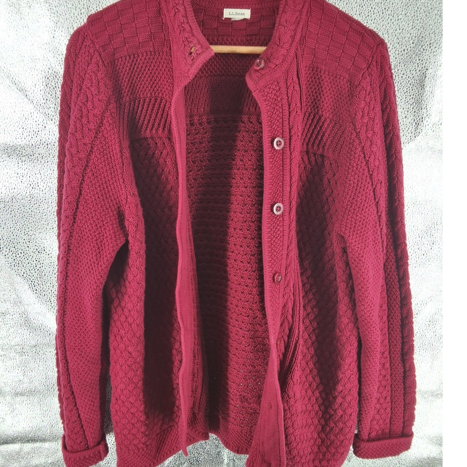 LL Bean Womens Burgundy Red Cotton Cable Mixed Knit Cardigan Sweater L - View 6