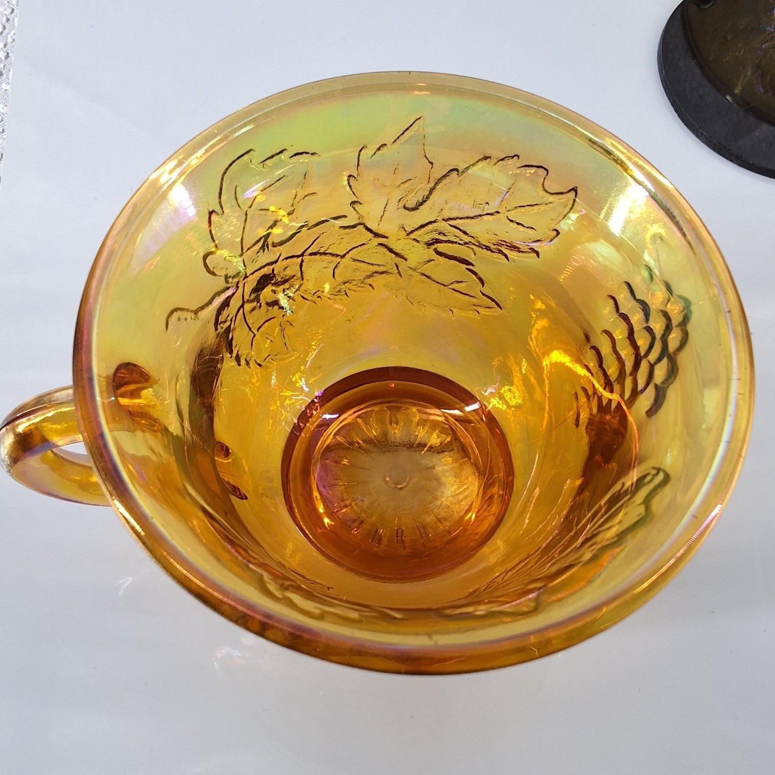 Vtg Indiana Glass Marigold Carnival Glass Harvest Grape Oval Bowl & 4 Cups Set - View 5