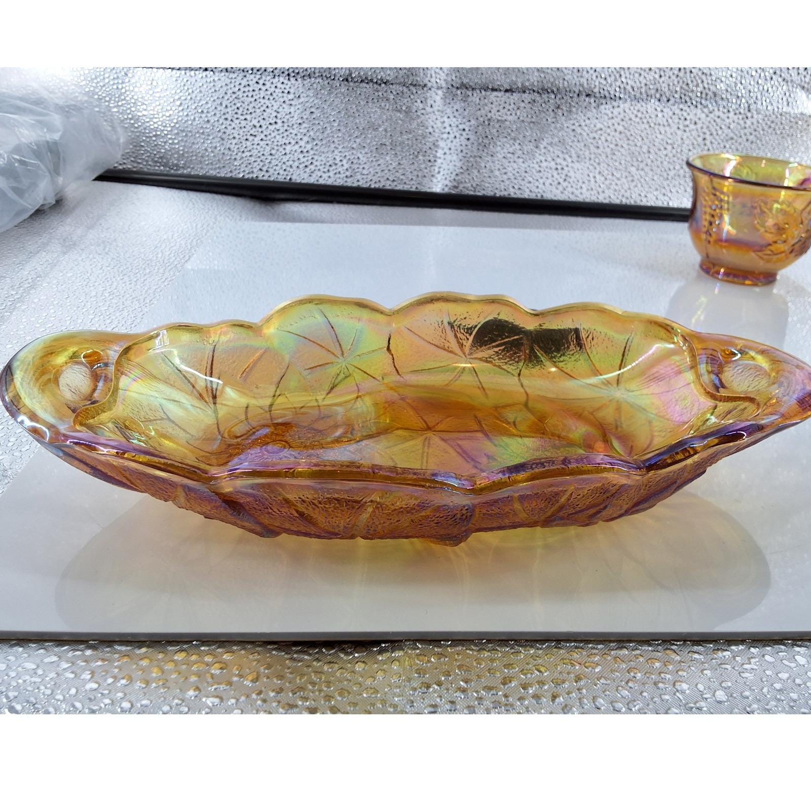 Vtg Indiana Glass Marigold Carnival Glass Harvest Grape Oval Bowl & 4 Cups Set - View 7