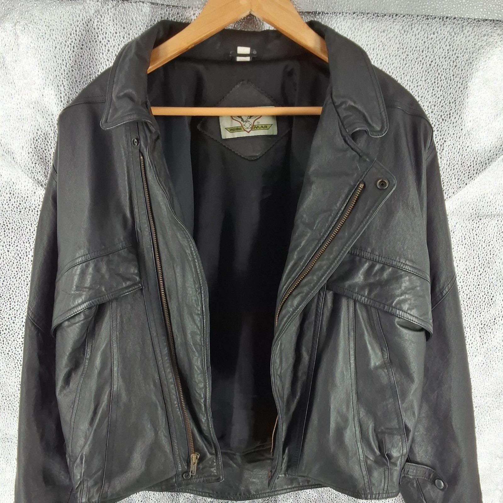 Pere Mar Vintage Black Leather Bomber Jacket Mens S Oversized 80/90s Flight Coat - View 6