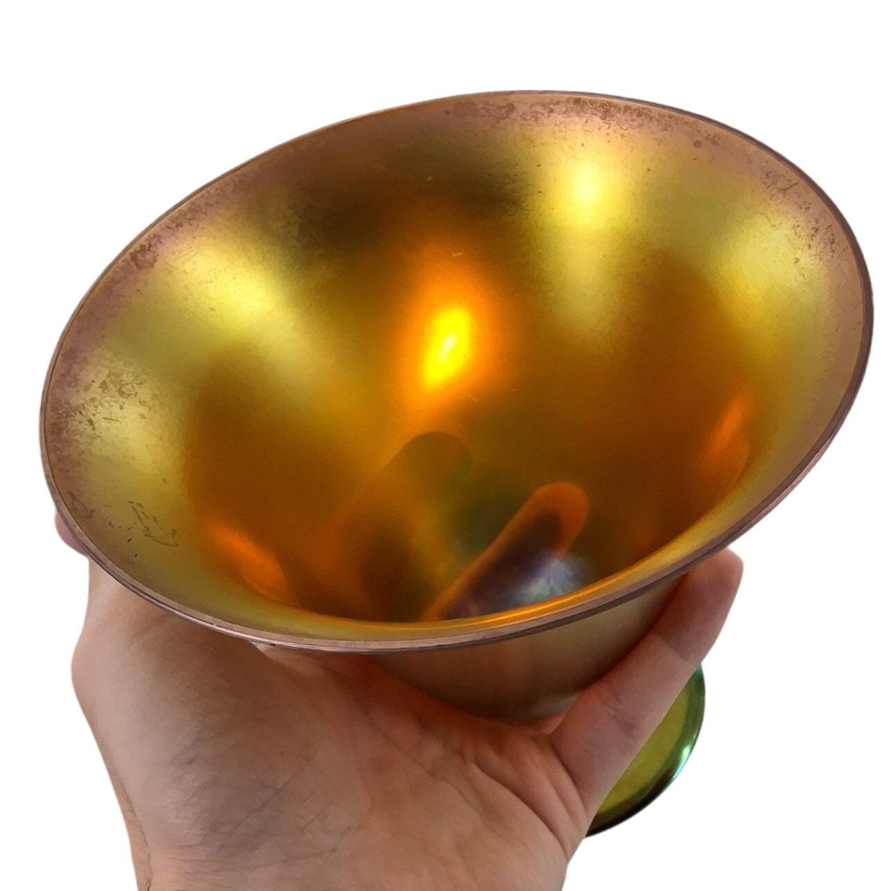 Steuben Aurene Gold Blue Iridescent Art Glass Compote Pedestal Bowl Vintage 5"