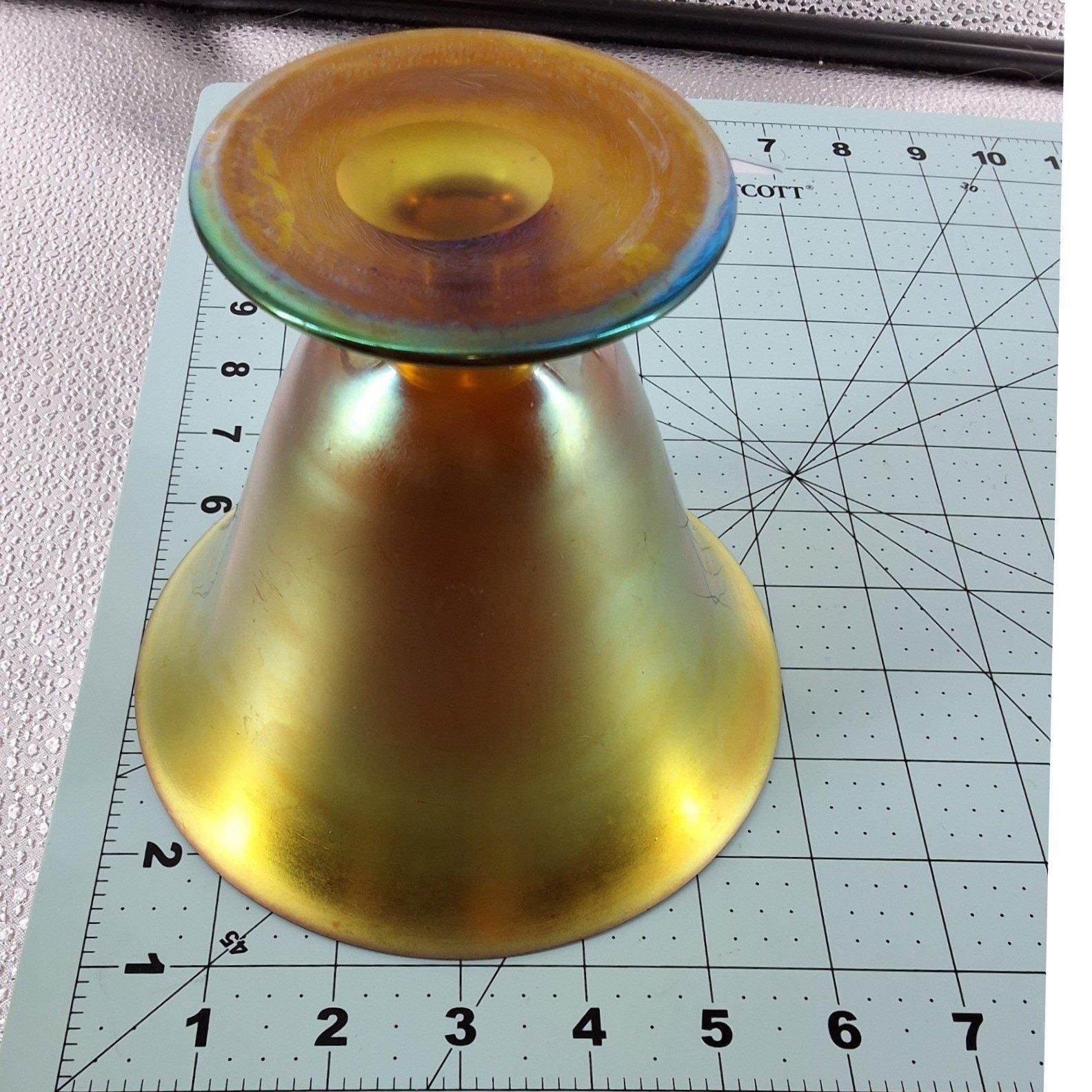 Steuben Aurene Gold Blue Iridescent Art Glass Compote Pedestal Bowl Vintage 5" - View 3