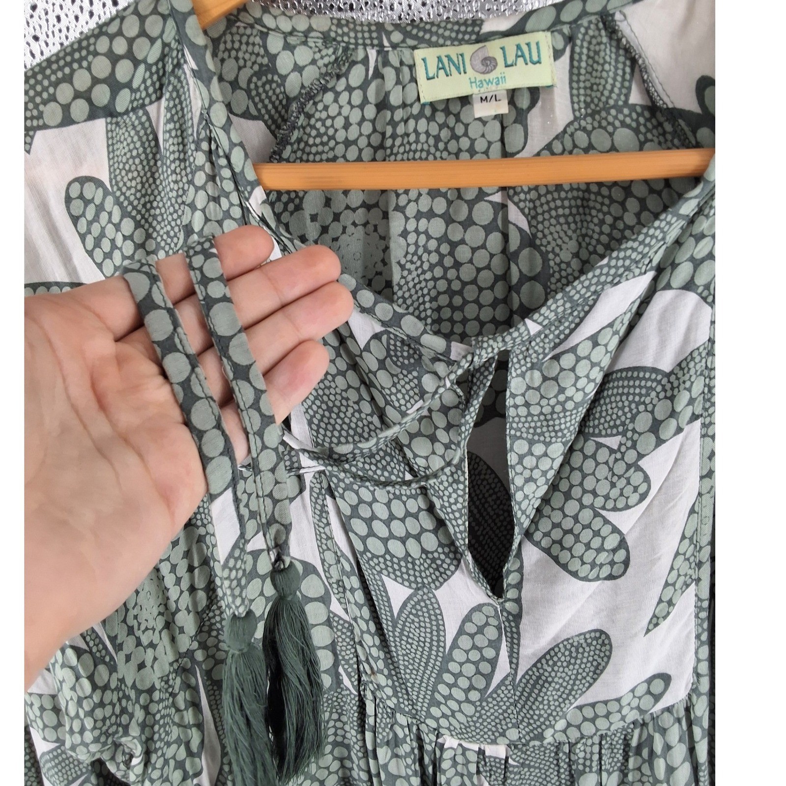 Lani Lau Hawaii Green White Tropical Rayon Tassel Babydoll Mini Dress ML - View 5