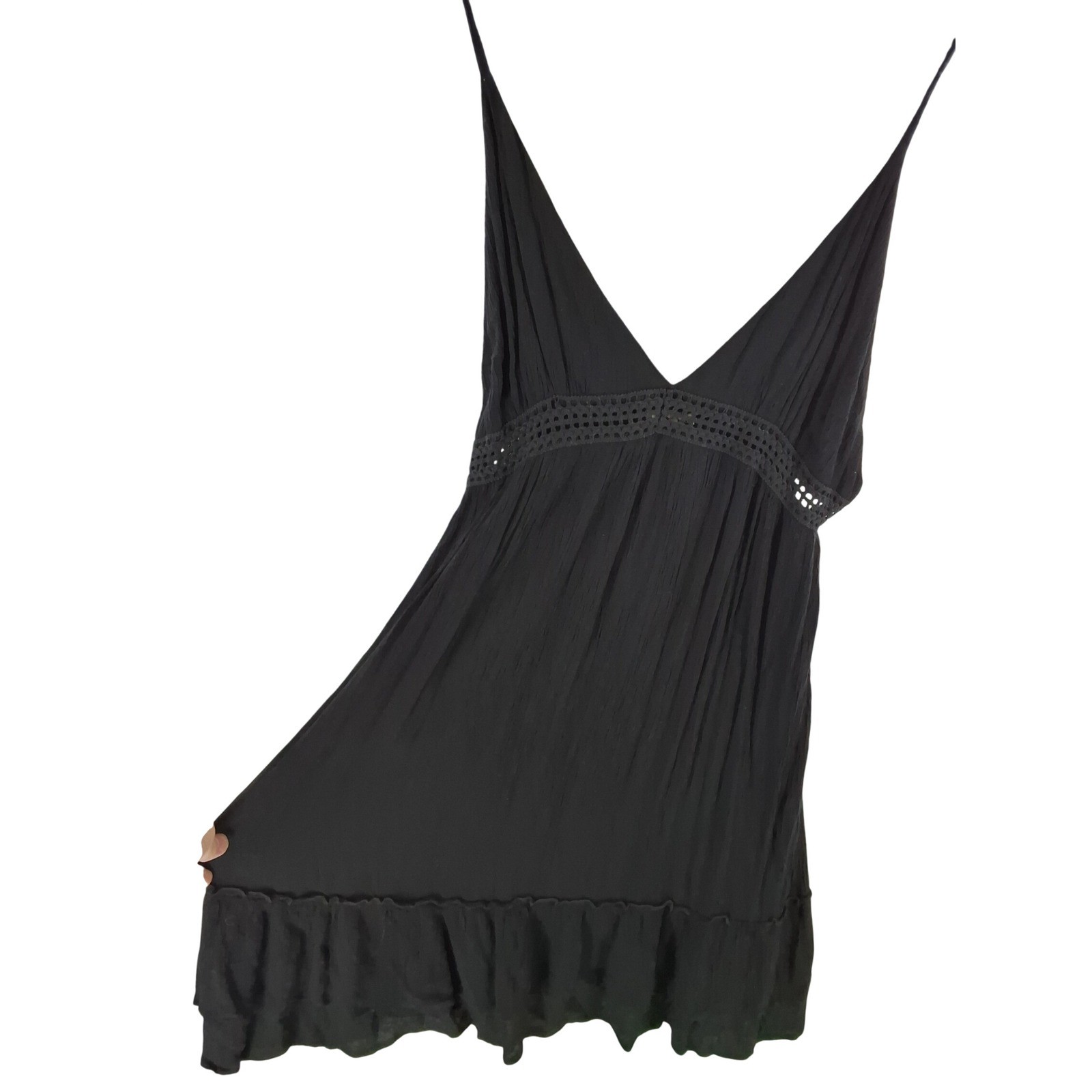 Lagaci Black Gauze Crochet Lace Empire Waist Ruffle Hem Mini Dress XL G-6495