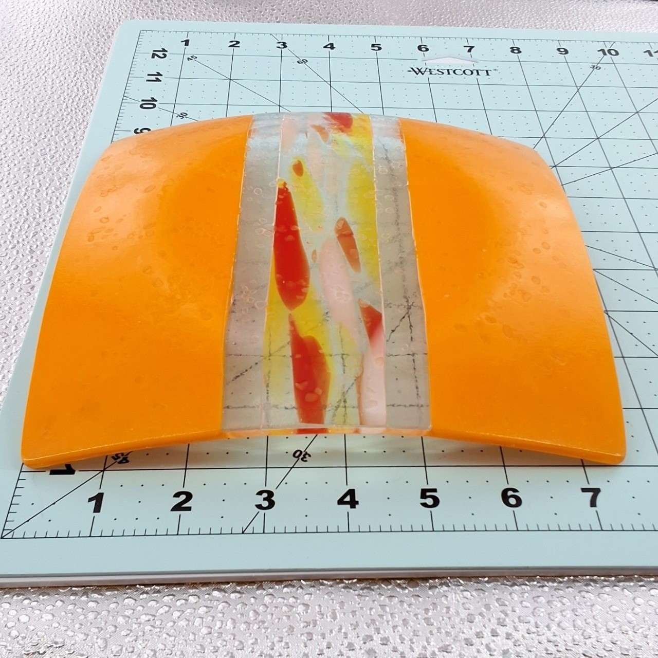 Artisan Fused Glass Square Plate Orange Red Yellow Abstract Curved Trinket Dish