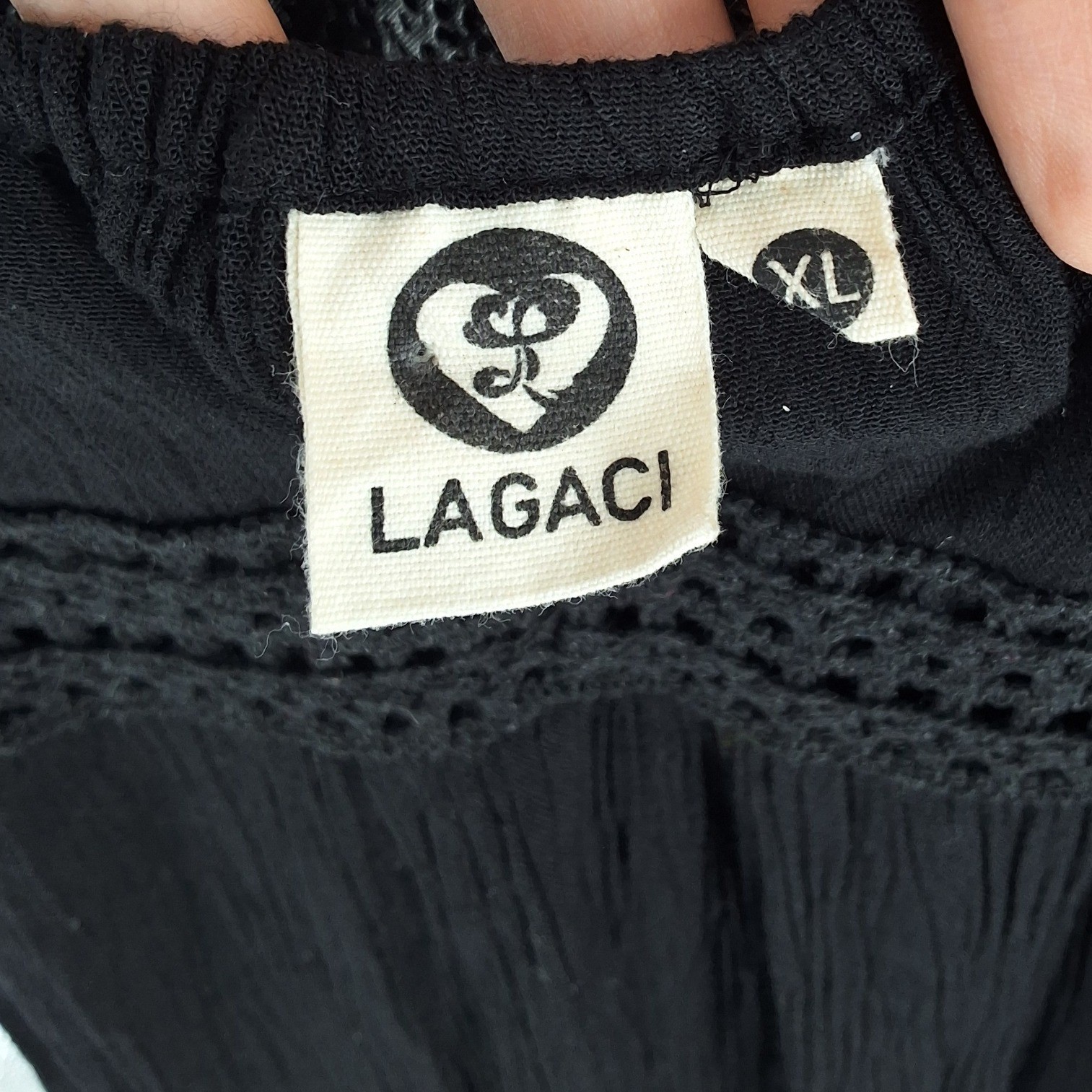 Lagaci Black Gauze Crochet Lace Empire Waist Ruffle Hem Mini Dress XL G-6495 - View 3