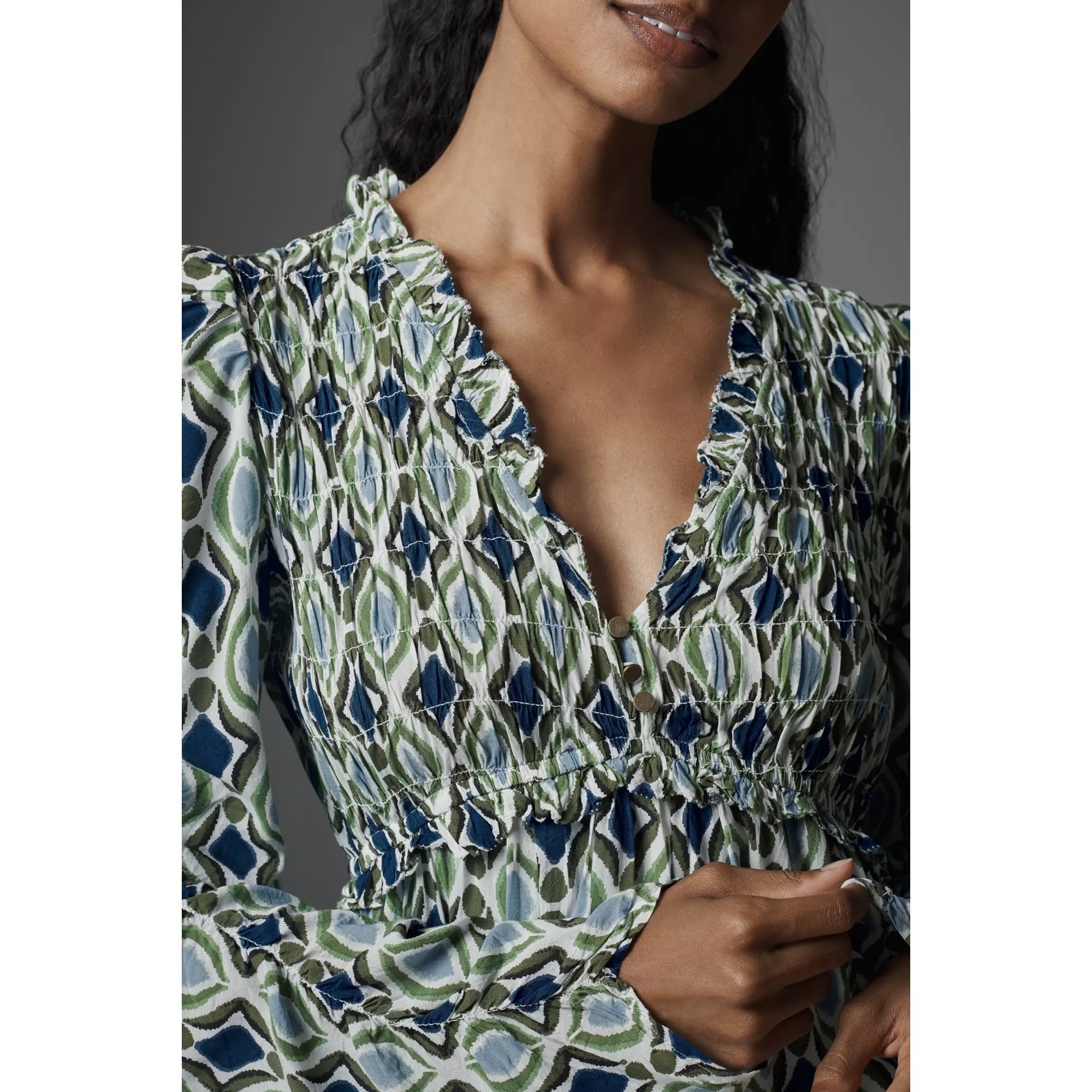 By Anthropologie Long-Sleeve V-Neck Ruffle Mini Dress