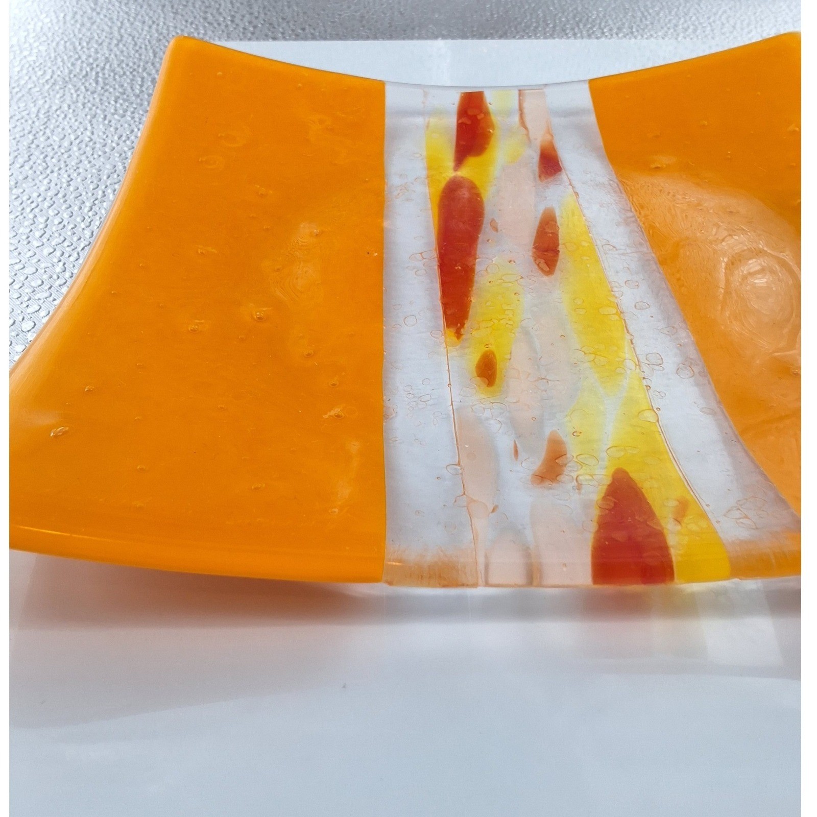 Artisan Fused Glass Square Plate Orange Red Yellow Abstract Curved Trinket Dish - View 3