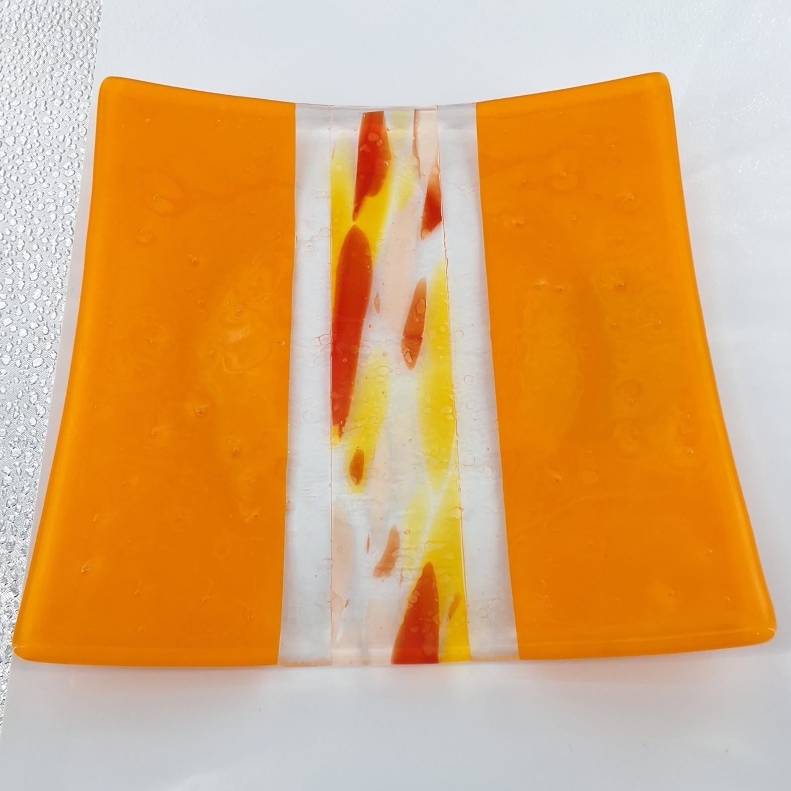 Artisan Fused Glass Square Plate Orange Red Yellow Abstract Curved Trinket Dish - View 4