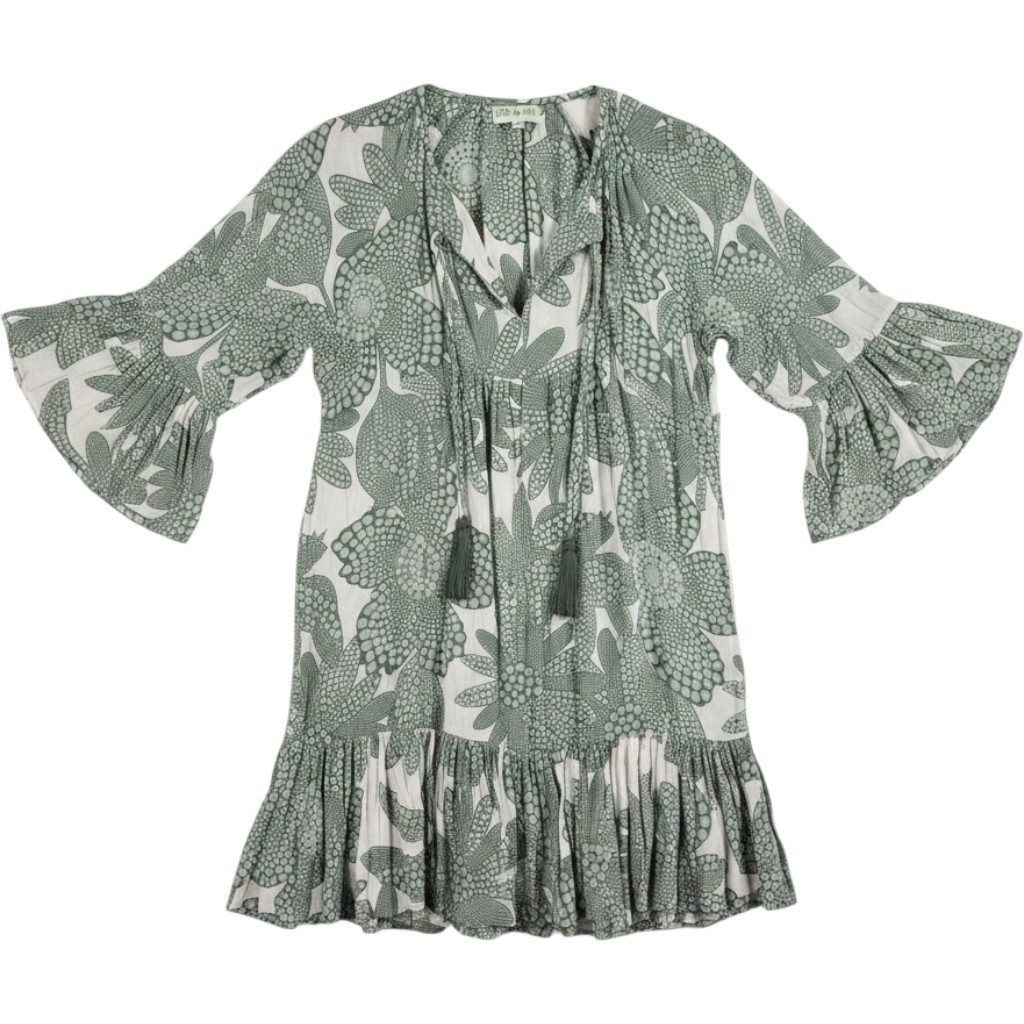 Lani Lau Hawaii Green White Tropical Rayon Tassel Babydoll Mini Dress ML