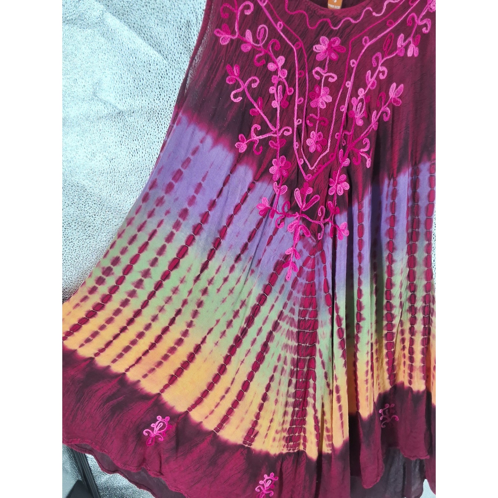 Sunflower Tie Dye Embroidered Sharkbite Tunic Dress Boho Festival Free Size - View 3