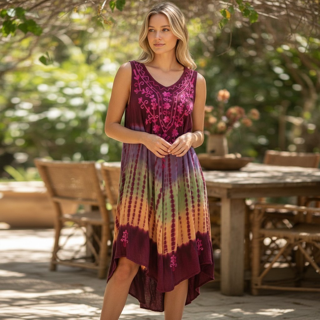 Sunflower Tie Dye Embroidered Sharkbite Tunic Dress Boho Festival Free Size