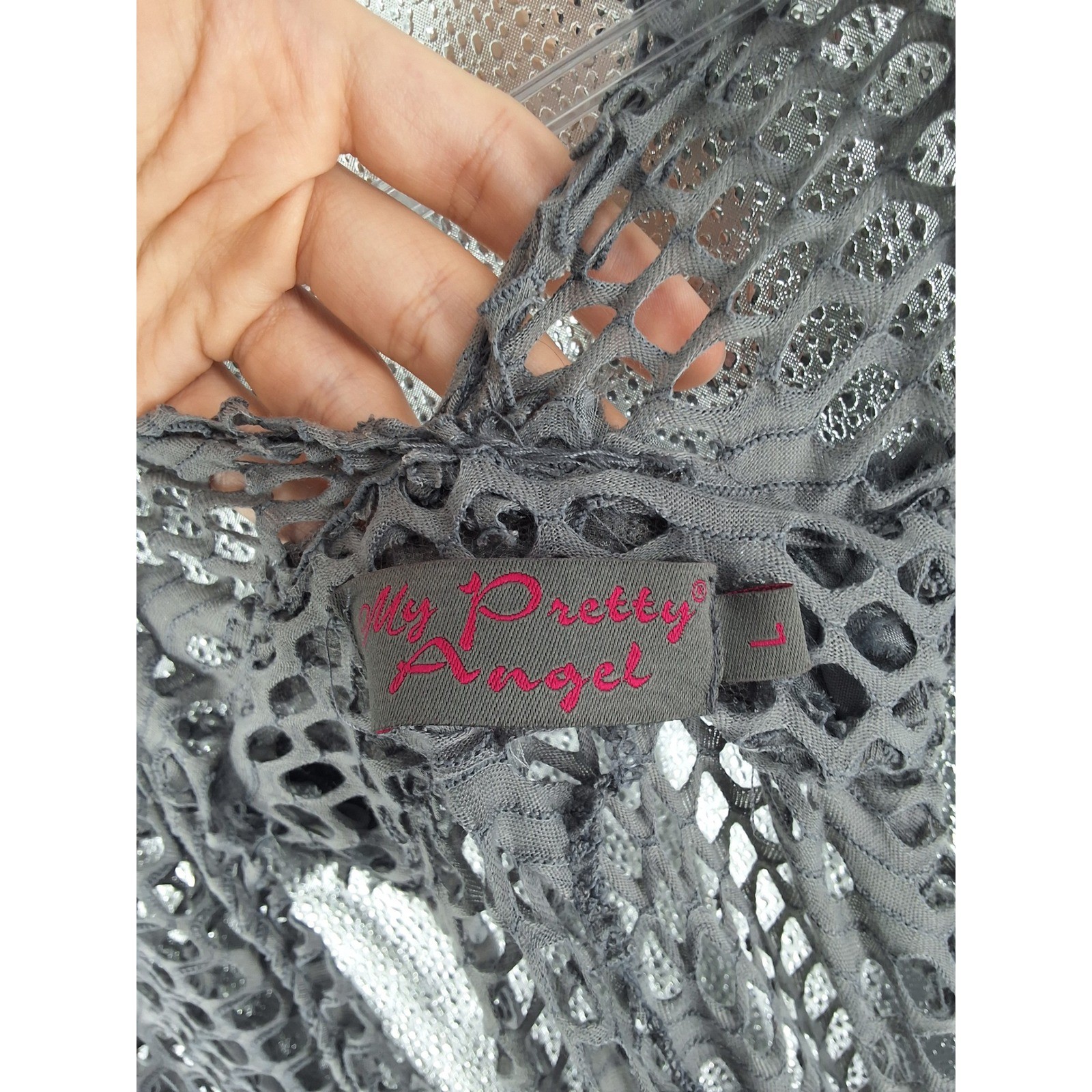 My Pretty Angel Gray Open Knit Mesh Rosette Draped Cardigan Shrug Large