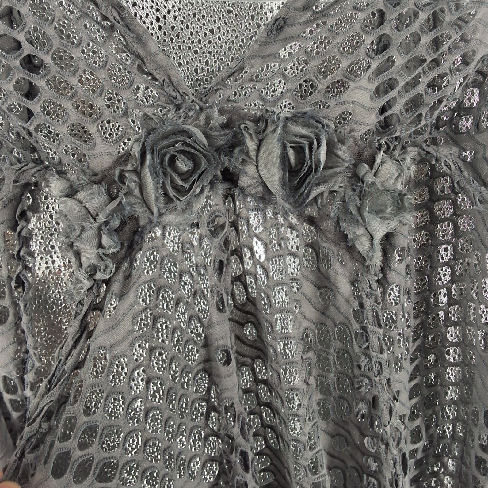My Pretty Angel Gray Open Knit Mesh Rosette Draped Cardigan Shrug Large - View 3