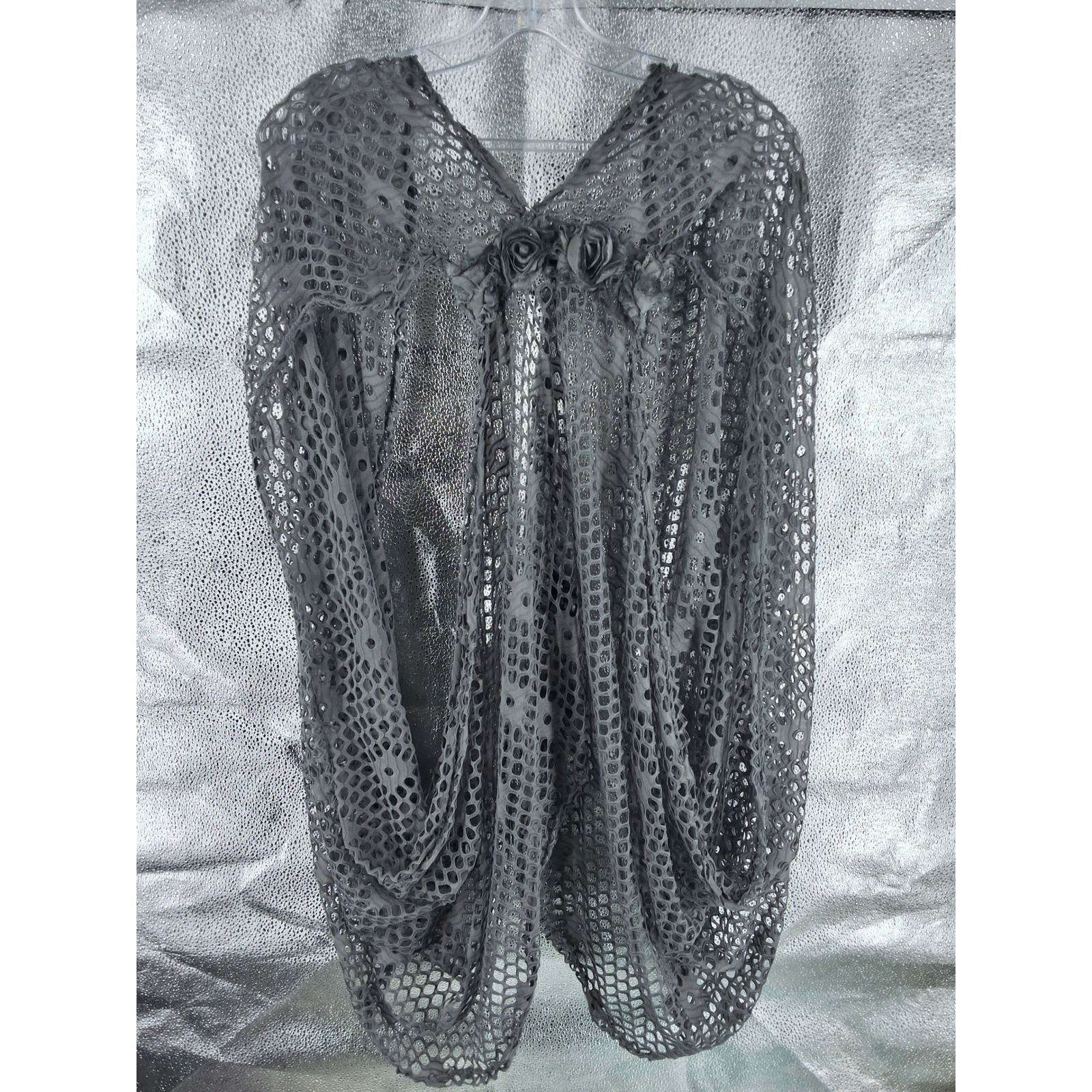 My Pretty Angel Gray Open Knit Mesh Rosette Draped Cardigan Shrug Large - View 4