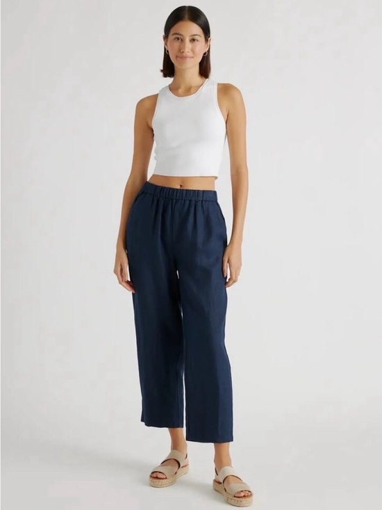 Quince Navy Blue Tencel Jersey Wide Leg Pants High Waisted Pockets NWT Medium - View 22