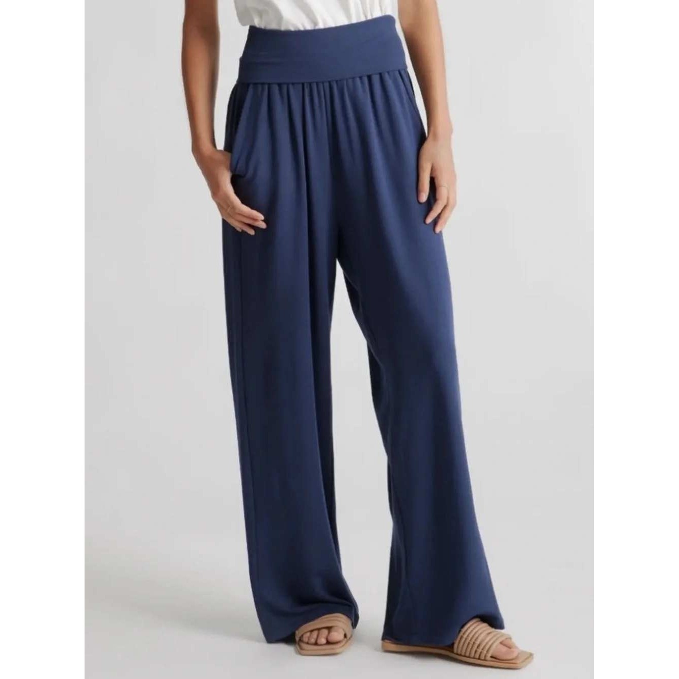 Quince Navy Blue Tencel Jersey Wide Leg Pants High Waisted Pockets NWT Medium