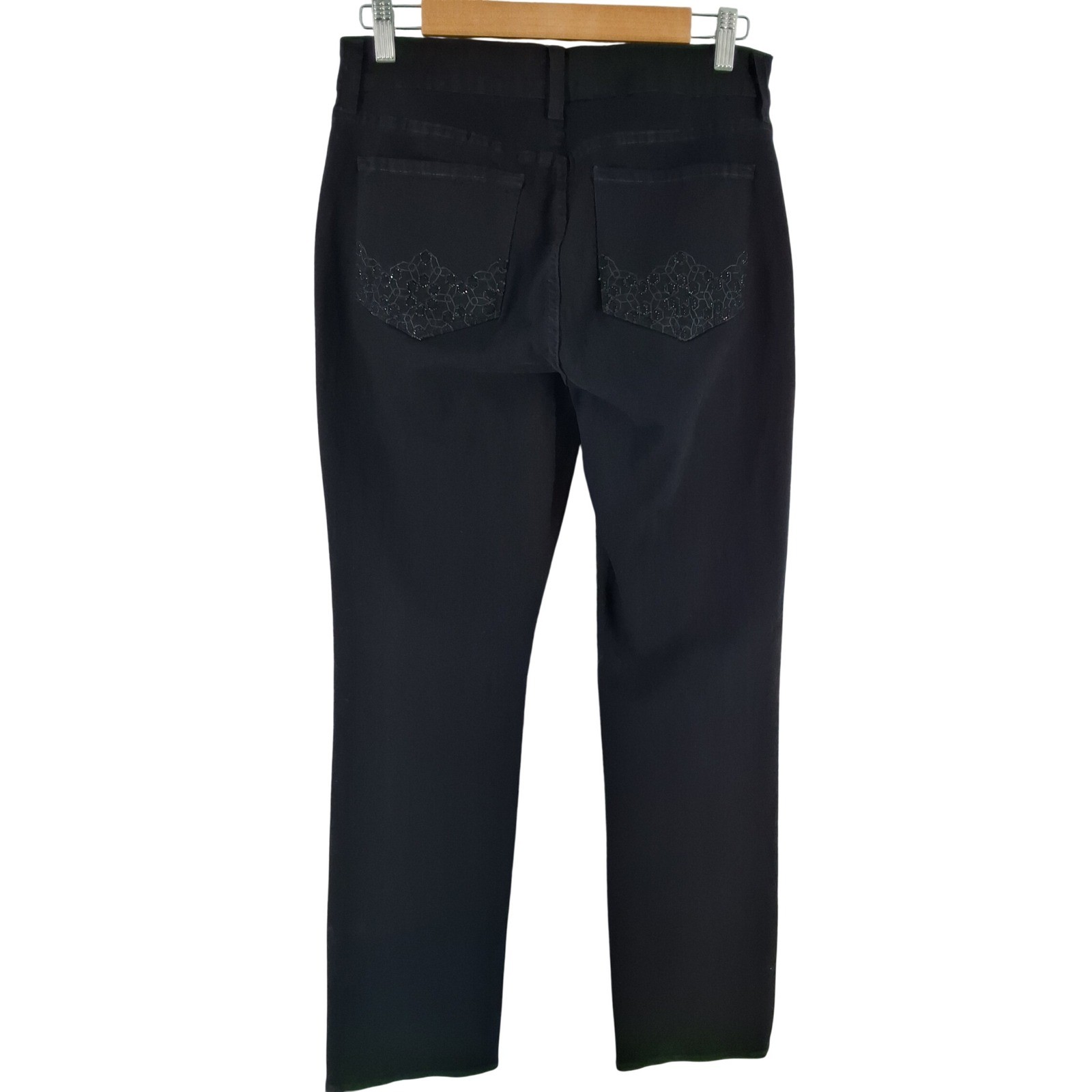 NYDJ Marilyn Straight Jeans Black Embroidered Pockets Lift Tuck Tech Size 10