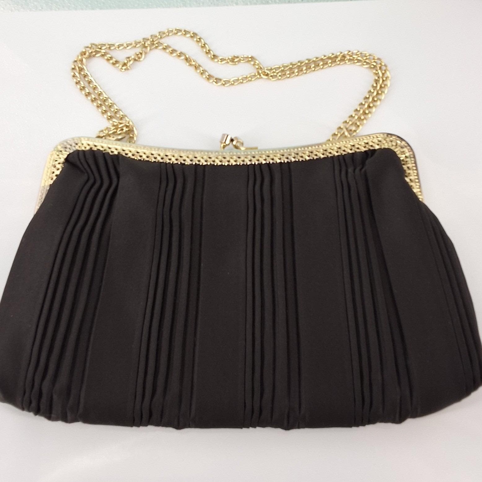 Vintage La Regale Black Satin Evening Bag Kiss Lock Filigree Frame Clutch HK