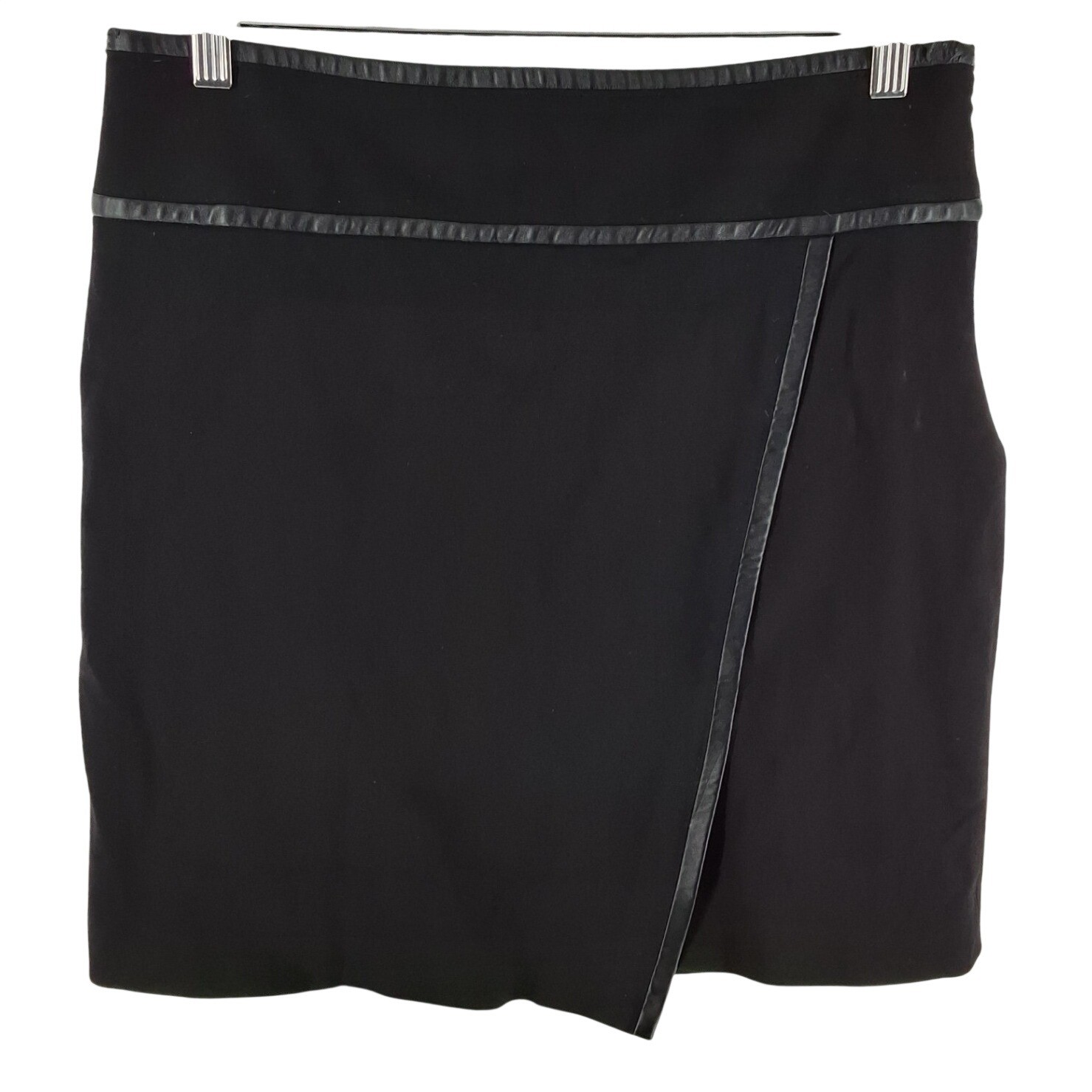 WHBM Black Faux Leather Trim Wrap Mini Skirt Size 6 Ponte Stretch