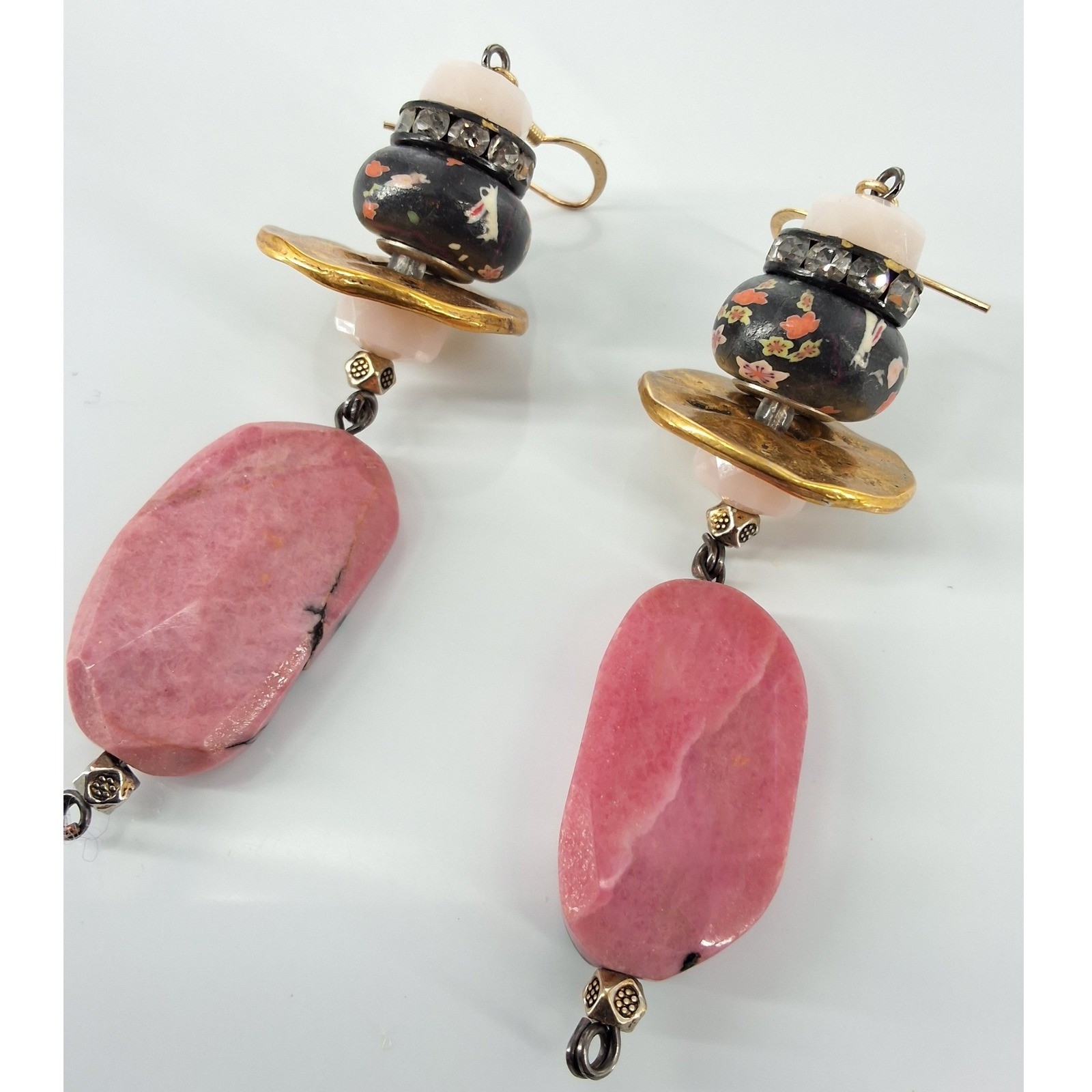 Bohemian Rhodonite Drop Earrings Pink Stone Floral Ceramic Gold Tone Dangle - View 3