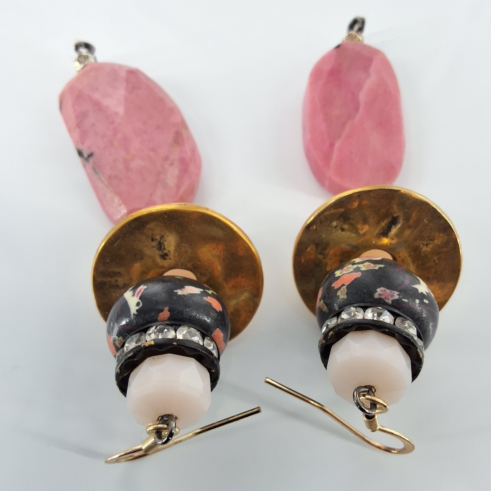 Bohemian Rhodonite Drop Earrings Pink Stone Floral Ceramic Gold Tone Dangle - View 4