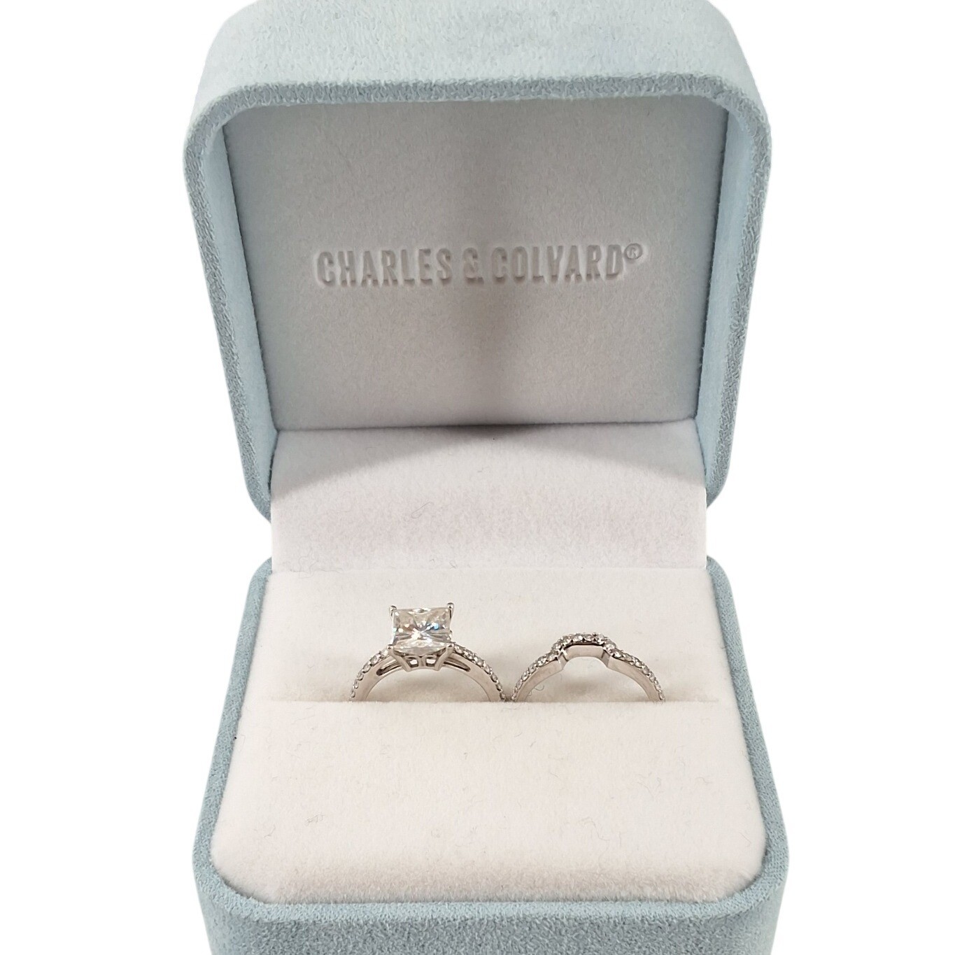 Charles & Colvard Moissanite Princess Cut Bridal Set 14k White Gold Ring Sz 5.5