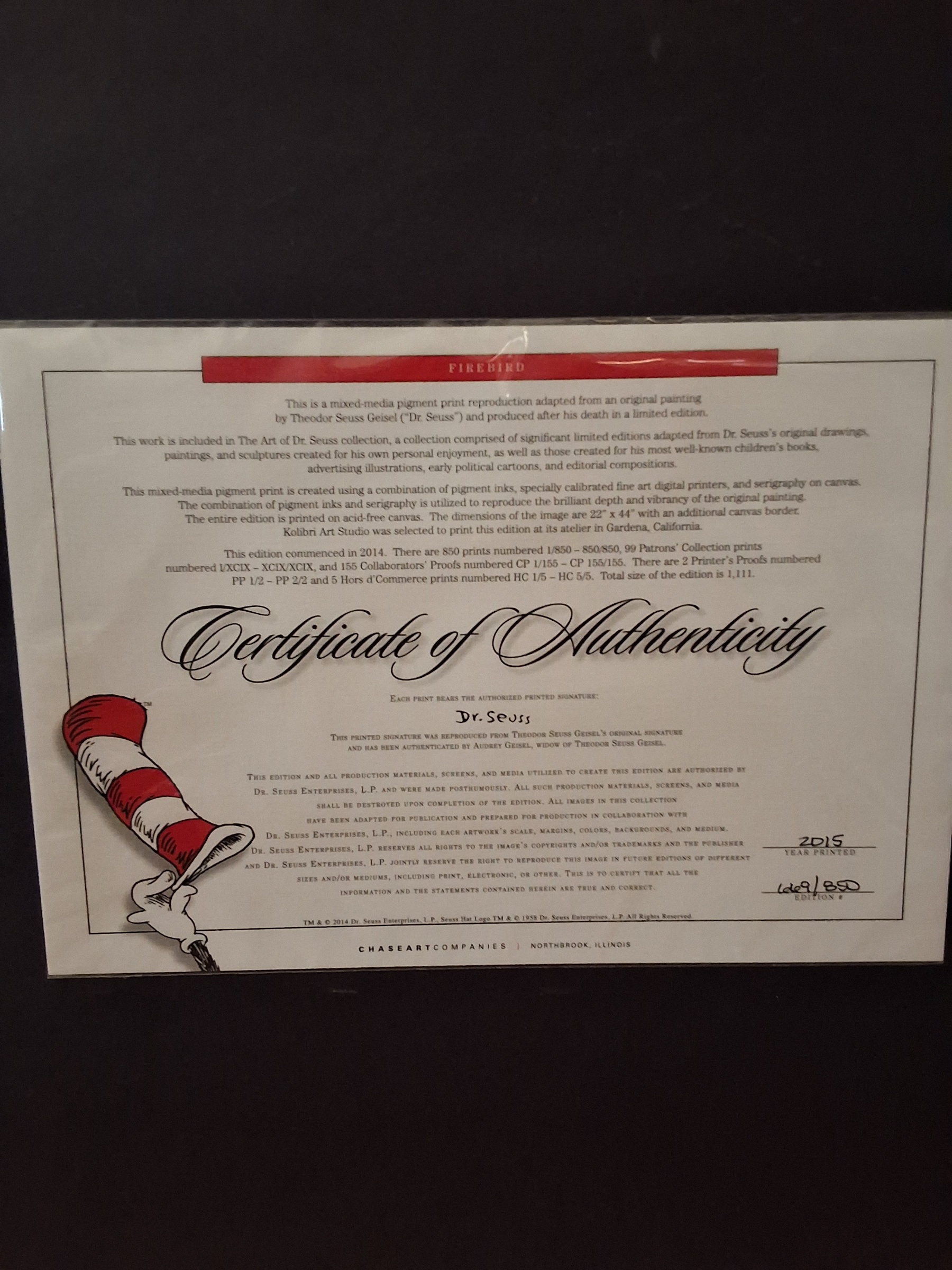 Dr Seuss Firebird Limited Edition Canvas Print Tigerwood Frame RARE COA 669/850